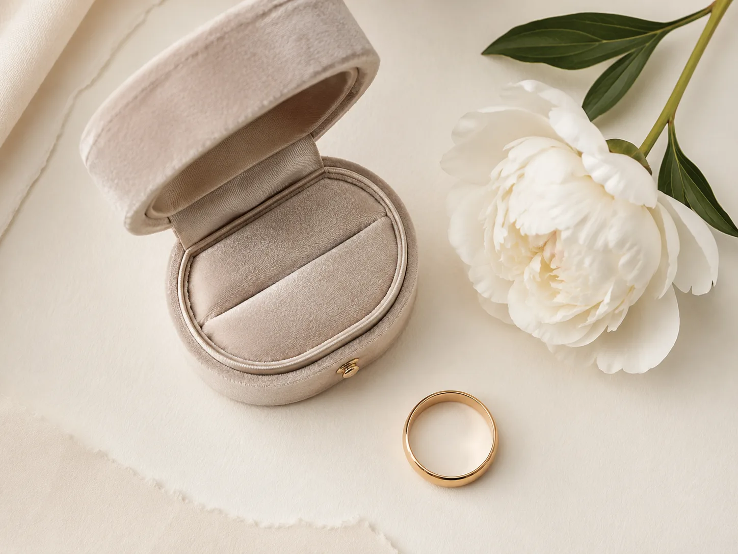 Editorial wedding top-down of an open velvet ring box with a single gold band beside a small white peony stem on cream paper