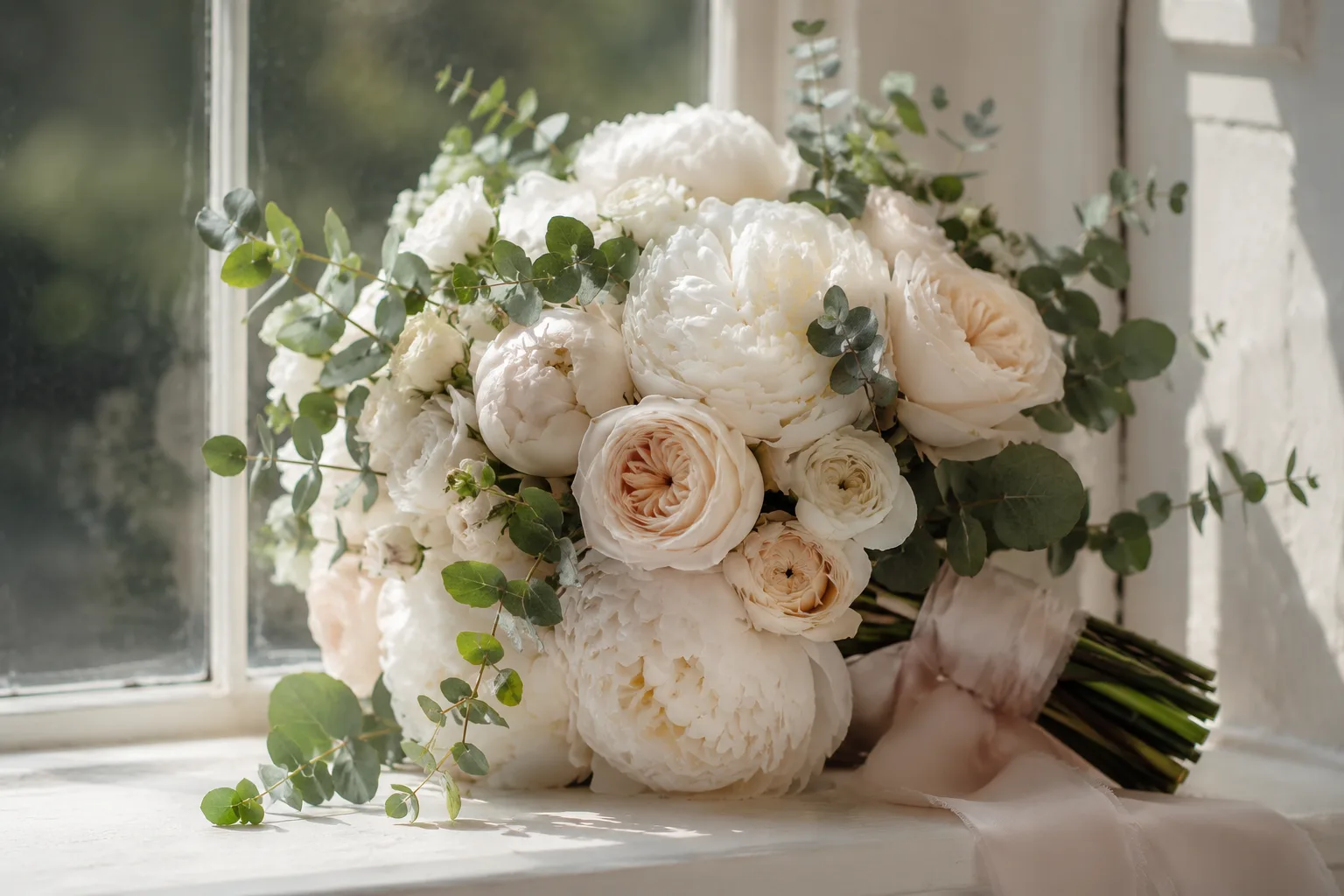 Editorial wedding close-up of a bridal bouquet of white peonies, garden roses and eucalyptus wrapped in silk ribbon