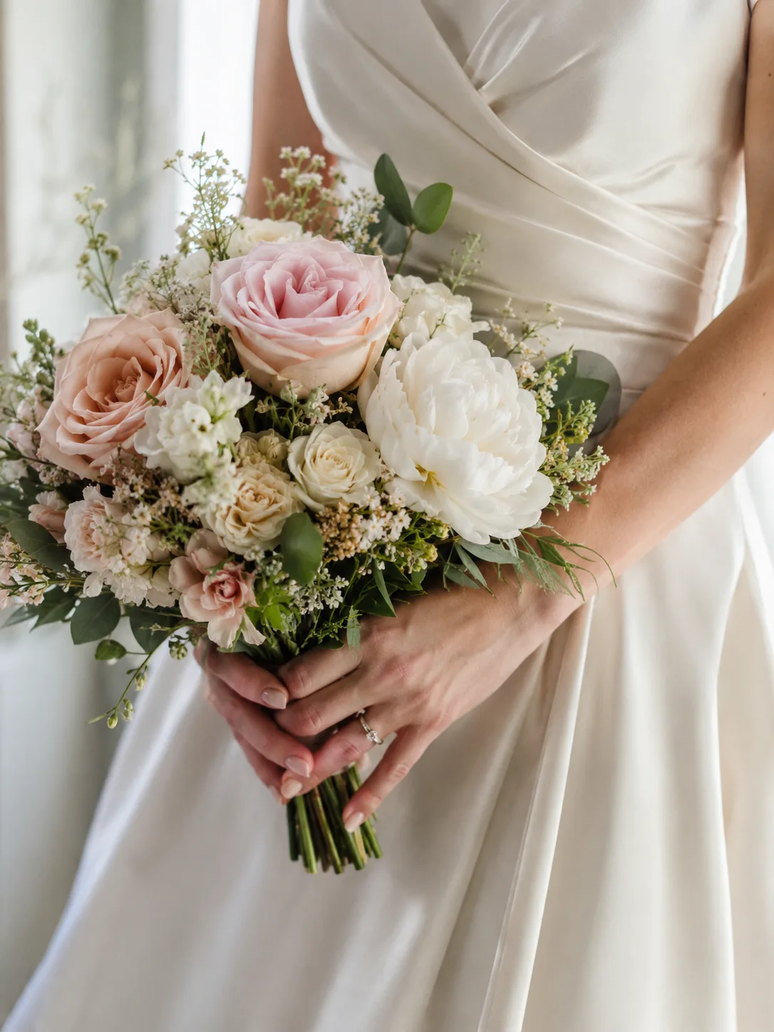 Editorial wedding close-up of a bride's hands holding a soft pastel bouquet at waist height in an ivory silk dress