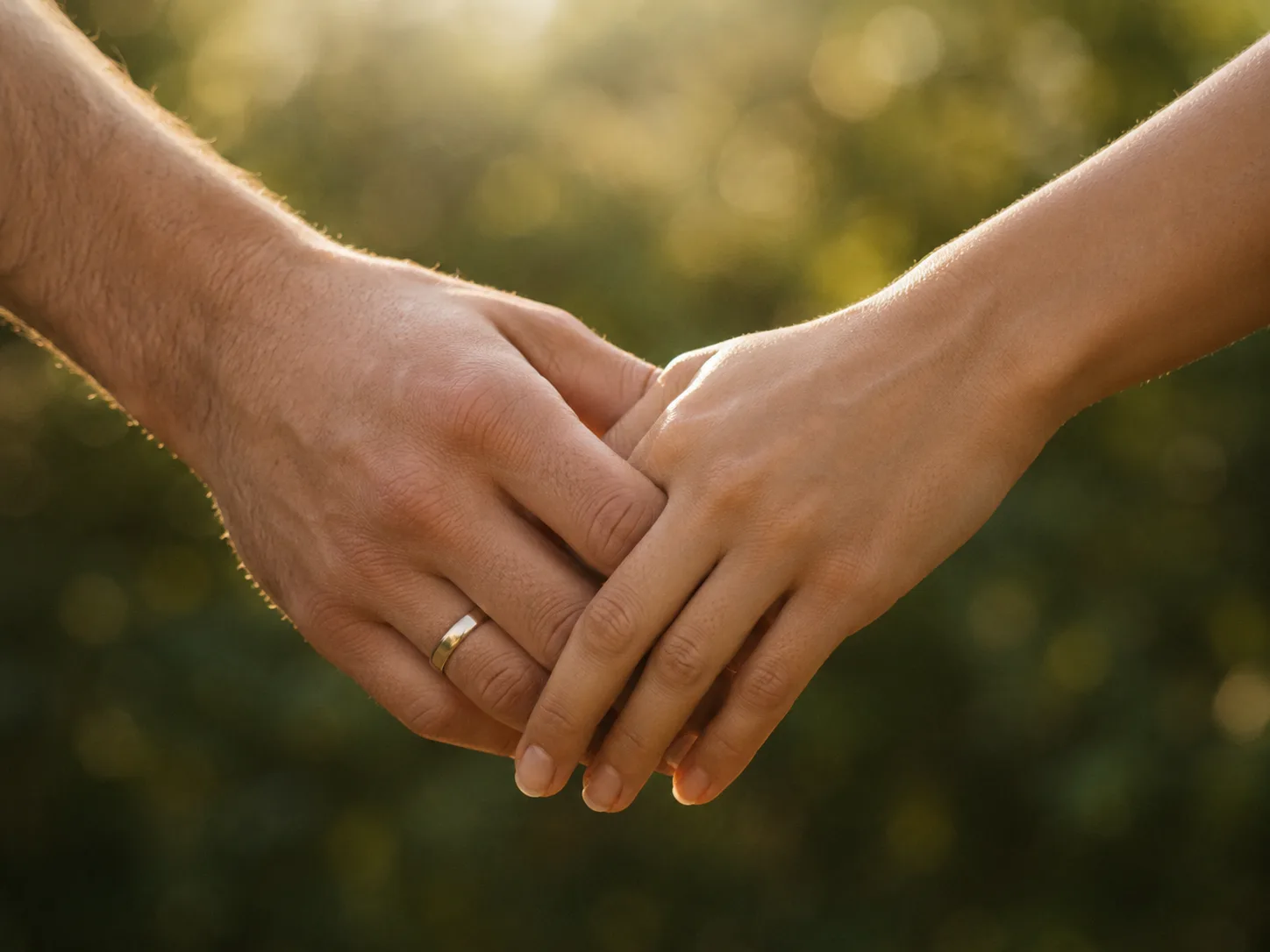 Editorial wedding photograph of two hands clasping, one with a wedding band, in soft late-afternoon light against blurred greenery