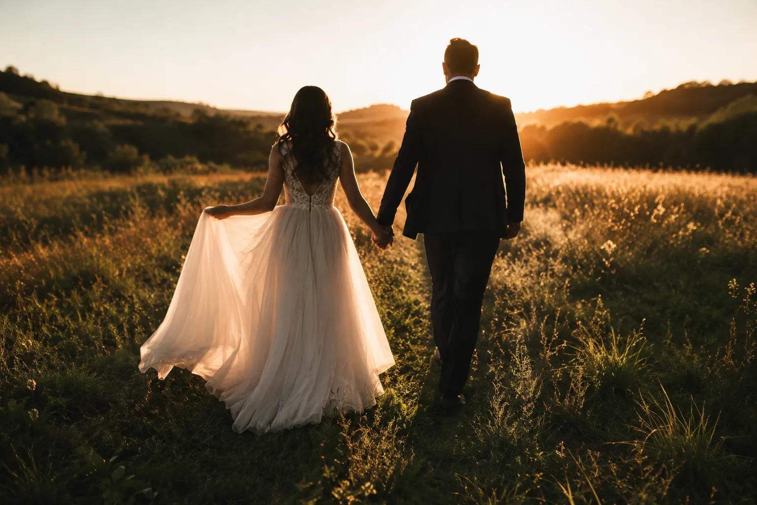 Editorial wedding photograph from behind of a bride and groom silhouette walking through a sunlit meadow at golden hour