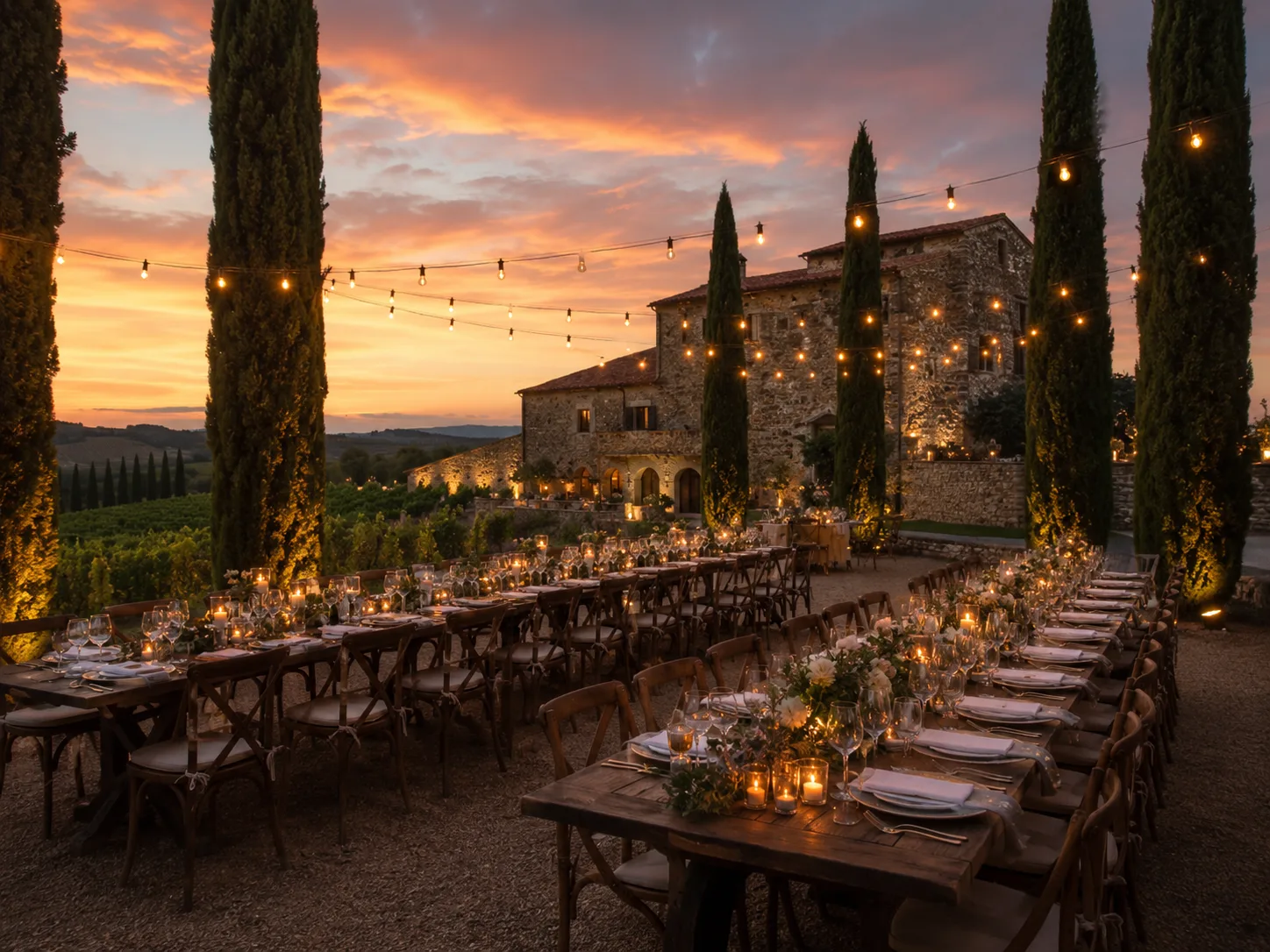 Editorial wedding wide photograph of a stone vineyard estate with string lights between cypresses and long reception tables at dusk