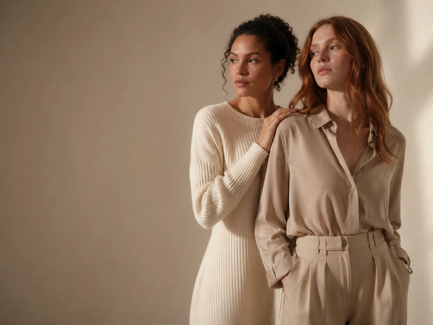 Soft duo editorial of two models close together in cream knit dress and oat shirt
