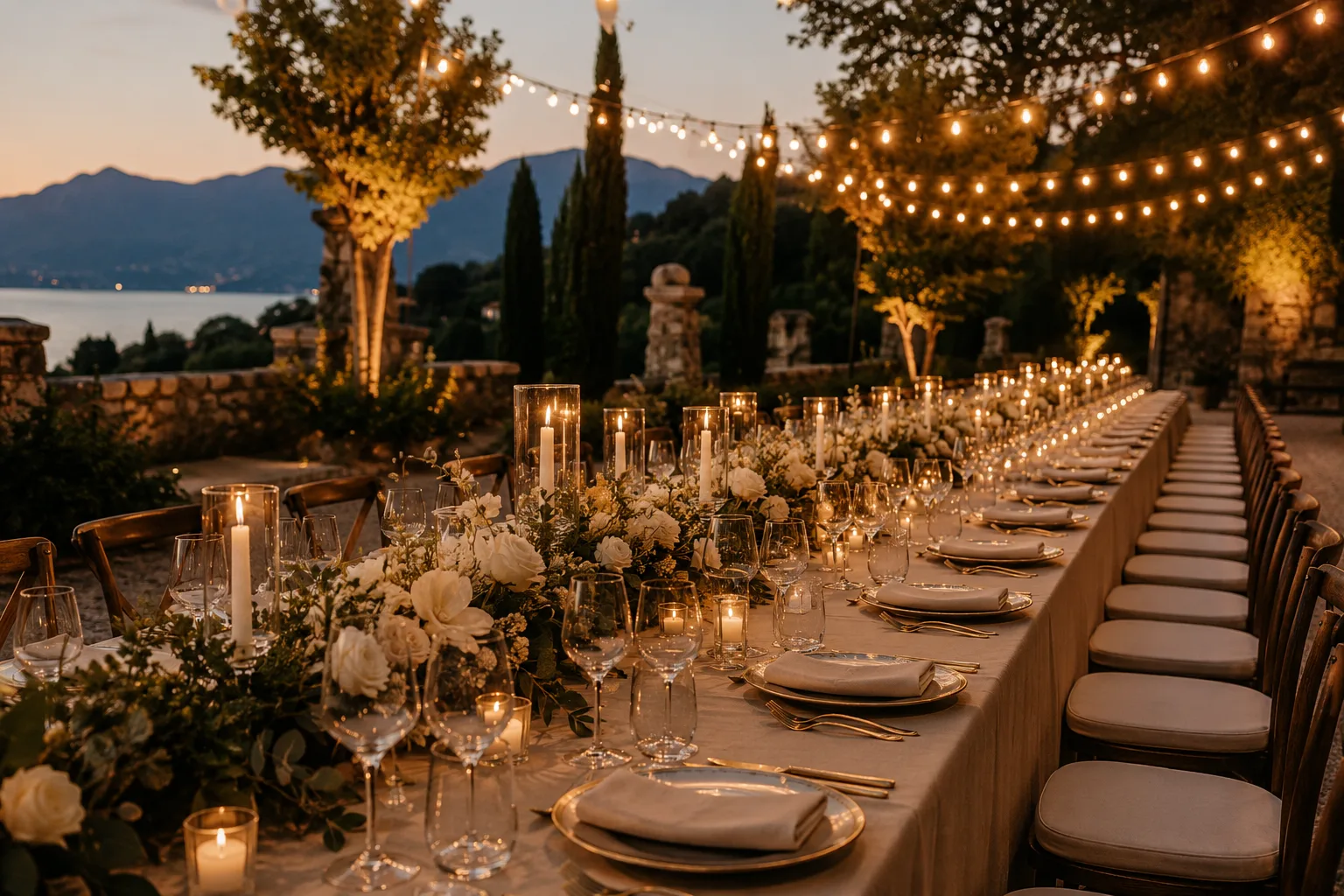 Editorial wedding photograph of a long outdoor reception table under string lights with linen, candles, low florals and glassware