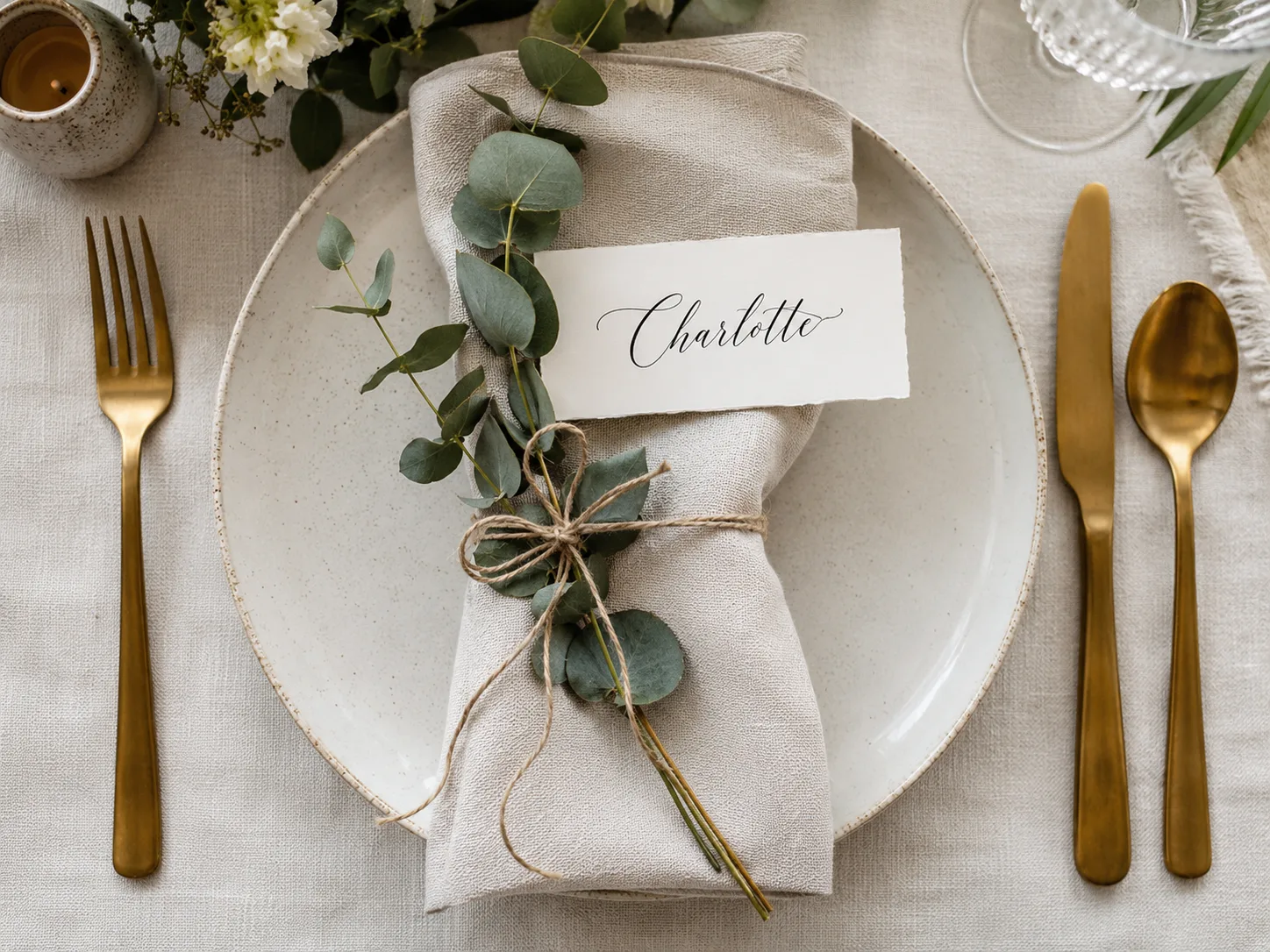 Editorial wedding top-down of a single place setting with linen napkin tied with eucalyptus, calligraphy name card and brass flatware