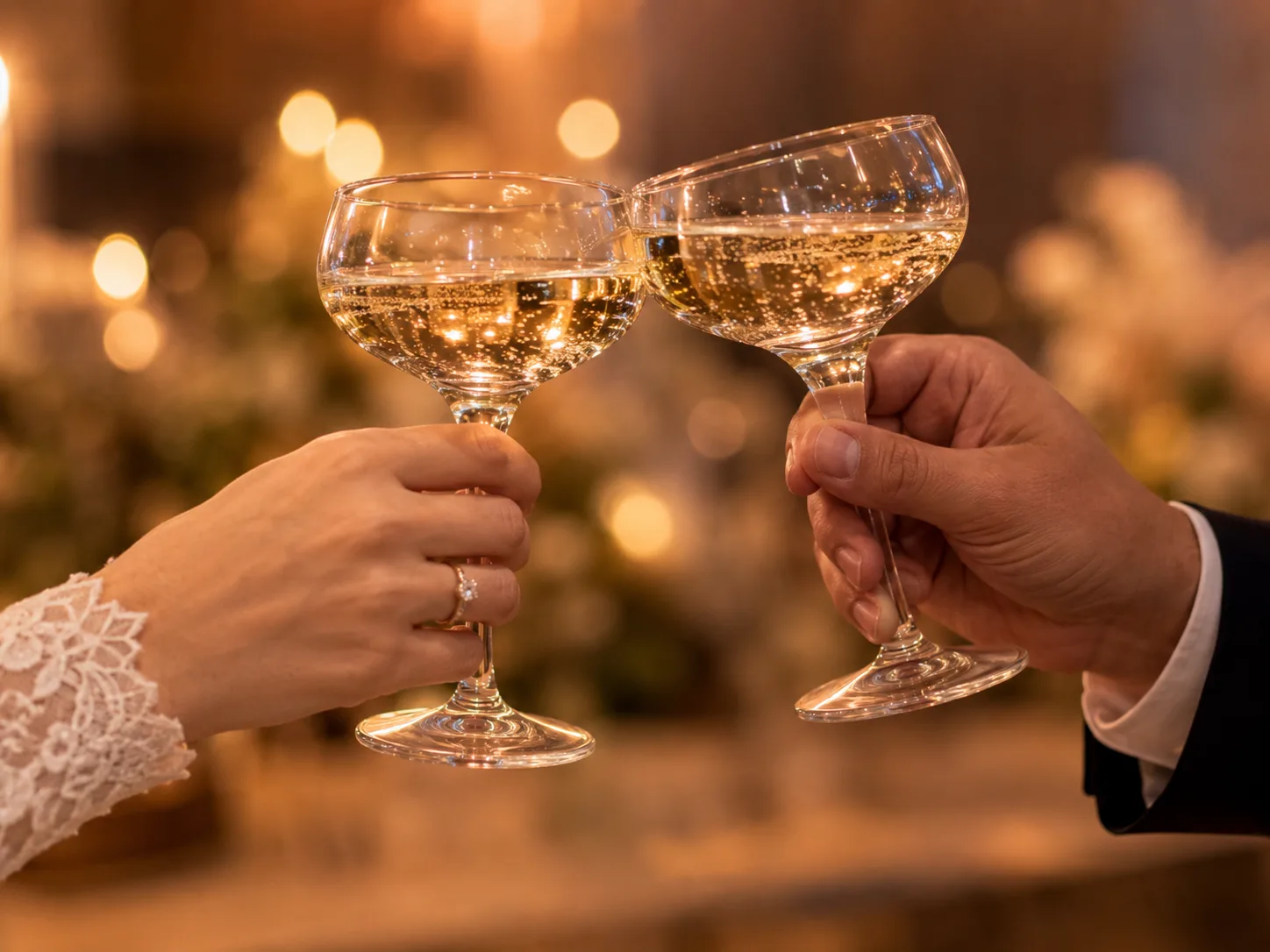 Editorial wedding close-up of two hands clinking champagne coupes with warm reception bokeh behind