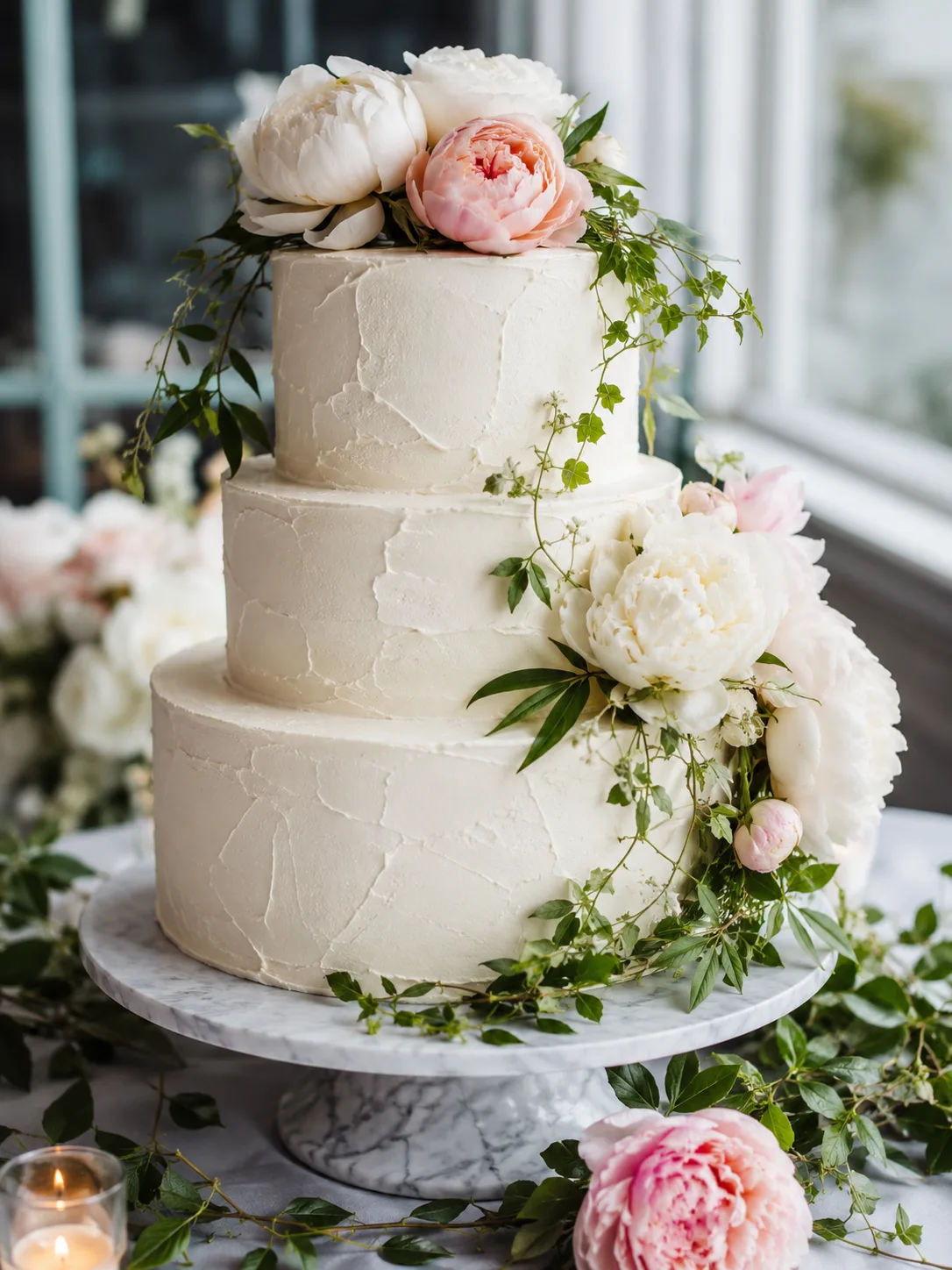 Editorial wedding close-up of a three-tier white buttercream wedding cake with fresh peonies and trailing greenery on a marble stand