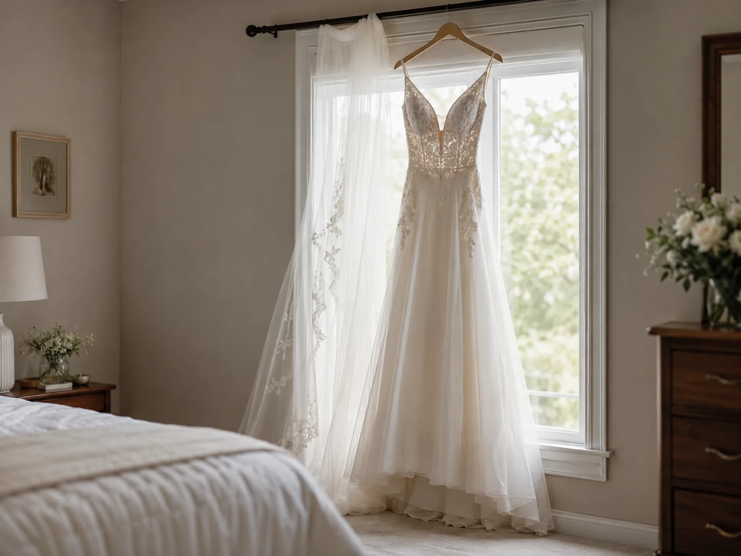 Editorial wedding photograph of an ivory wedding dress on a wooden hanger by a natural-light window with a veil draped beside it