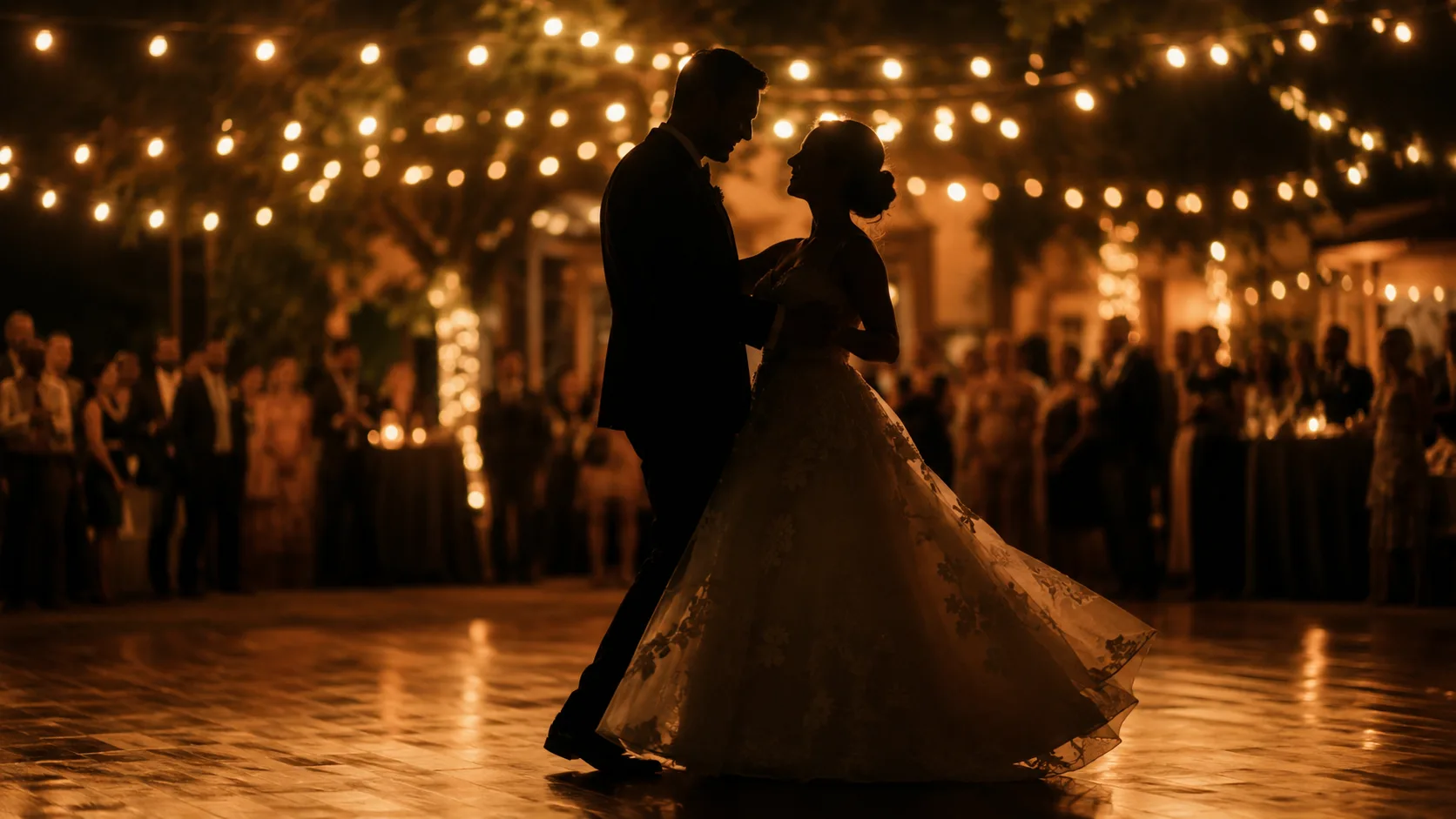 Editorial wedding wide photograph of a couple silhouette mid-dance under string lights on a warm-lit dance floor with guest bokeh