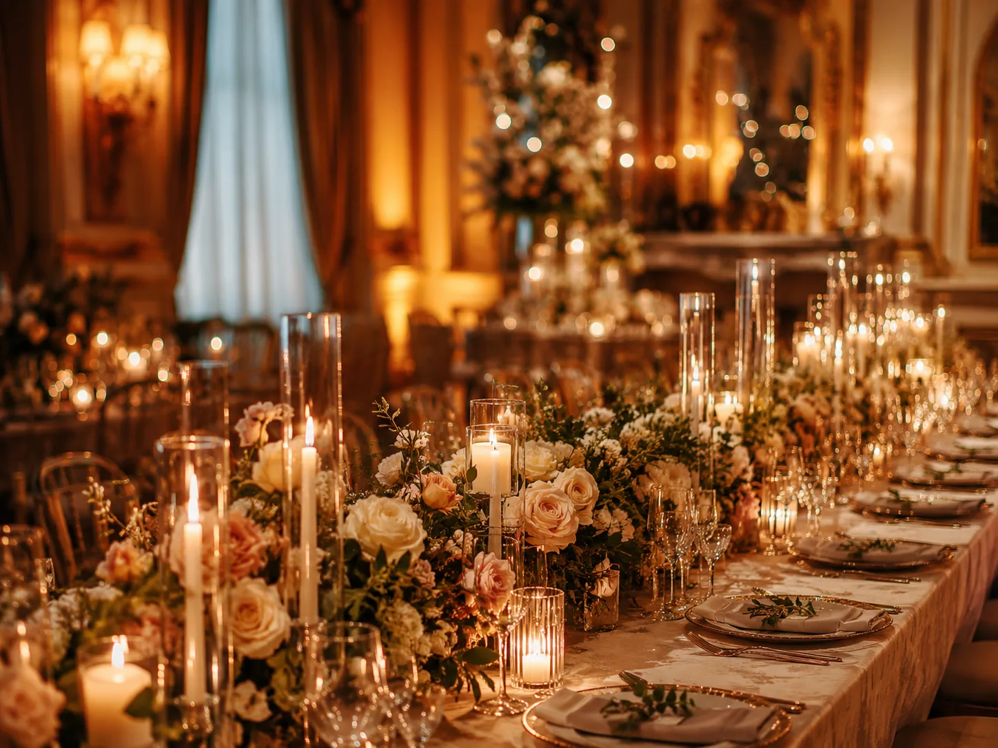 Editorial wedding photograph of a candlelit indoor reception with a long table, cascading candles and a floral runner