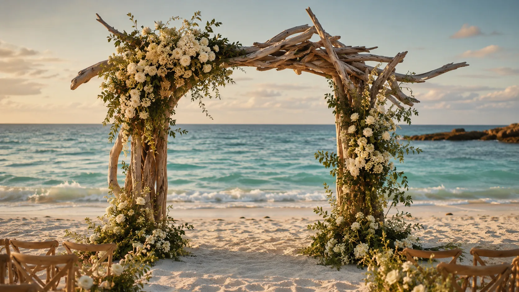 Editorial wedding wide photograph of a driftwood ceremony arch with cream florals on white sand at golden hour over turquoise ocean