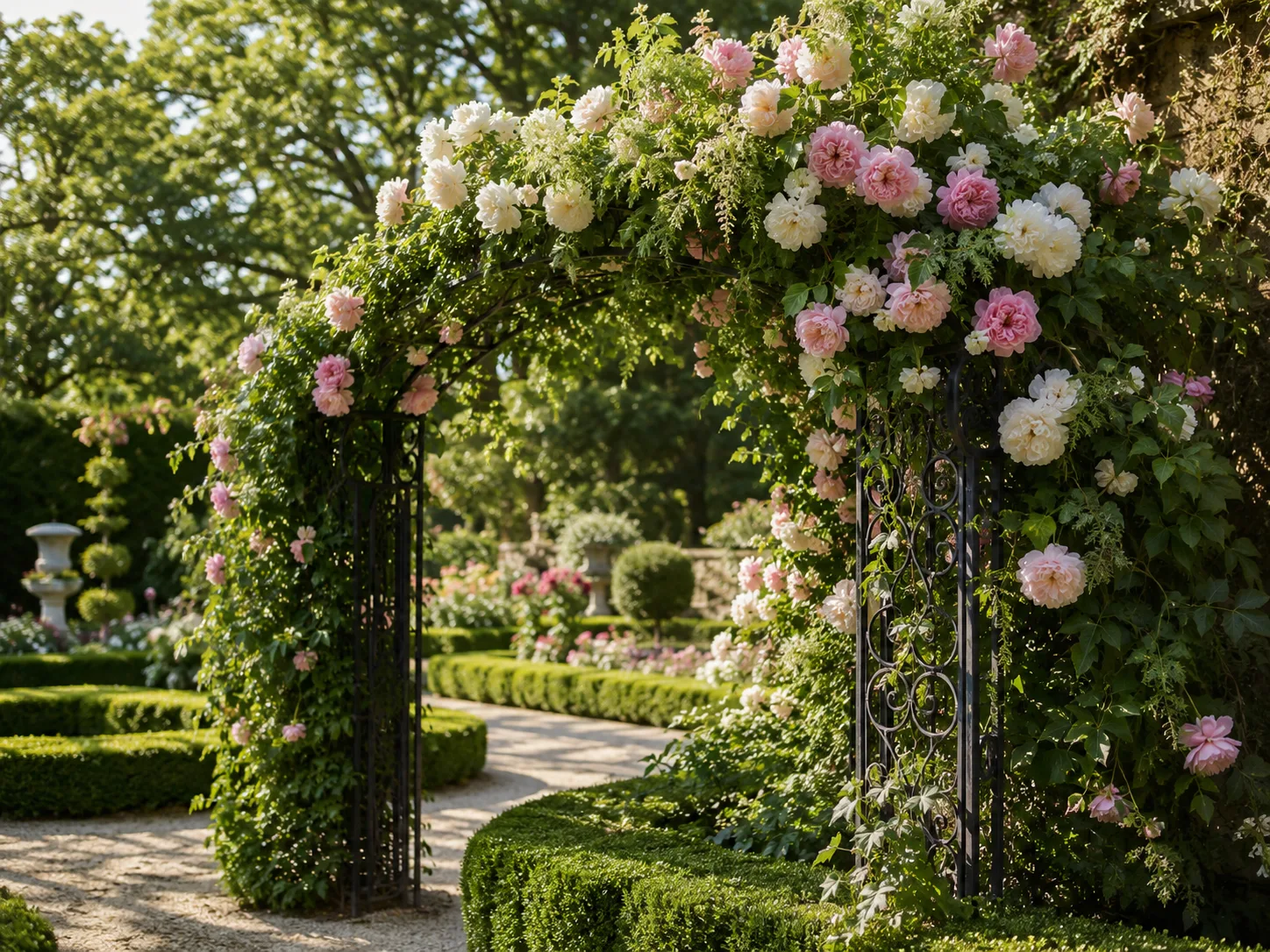 Editorial wedding photograph of a wrought-iron garden arbor heavy with peonies and trailing greenery in a manicured garden