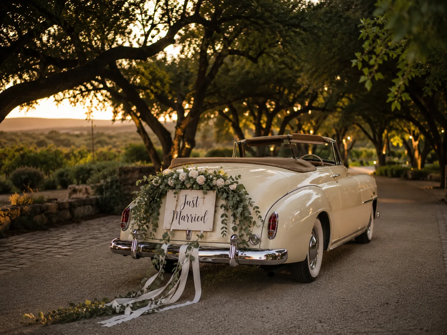 Editorial wedding photograph of a cream vintage convertible decorated with a Just Married sign and trailing white ribbons under arching trees at dusk