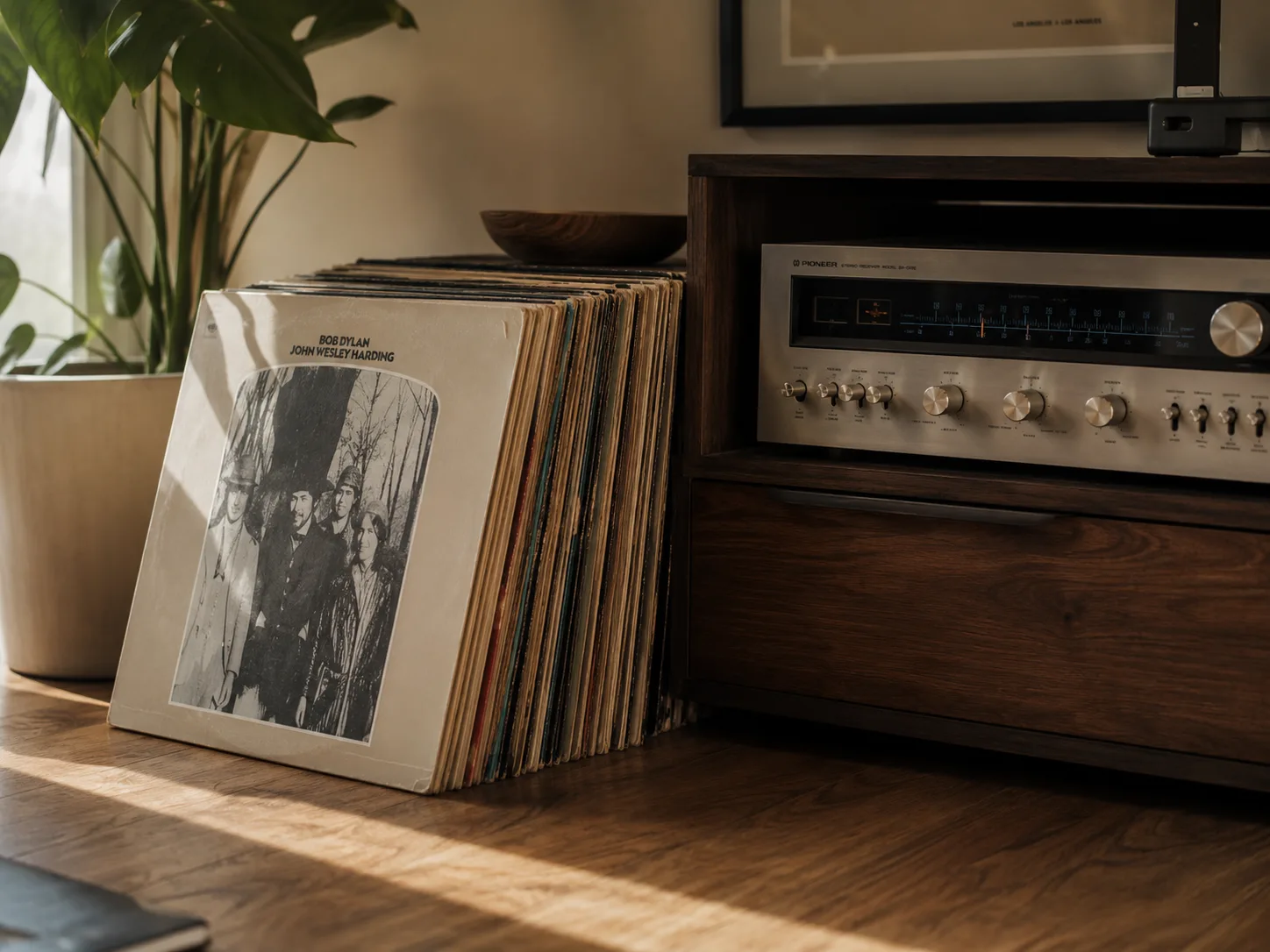 Pila de discos de vinilo apilados bajo luz nocturna