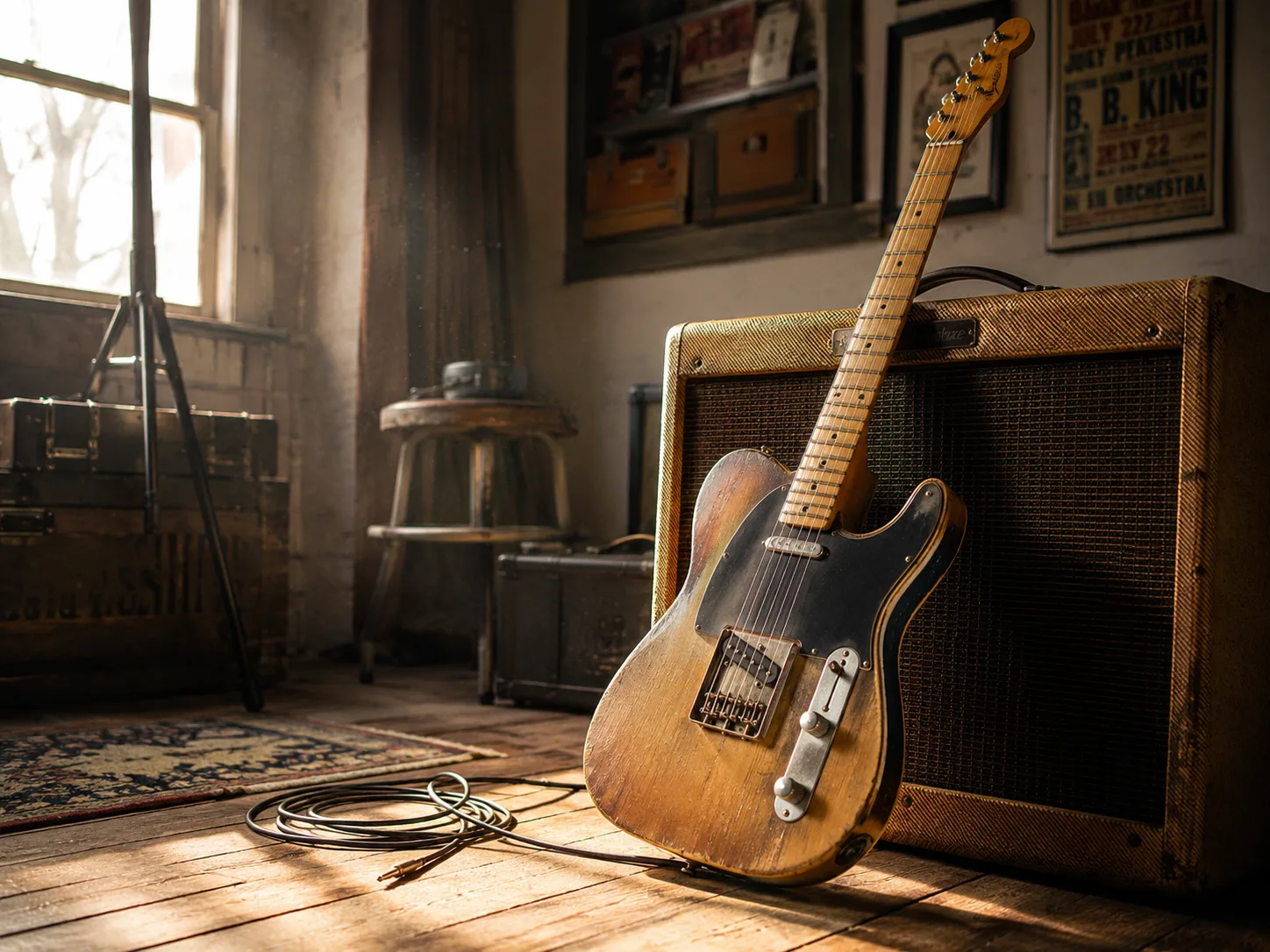 Guitarra eléctrica apoyada en un amplificador en penumbra