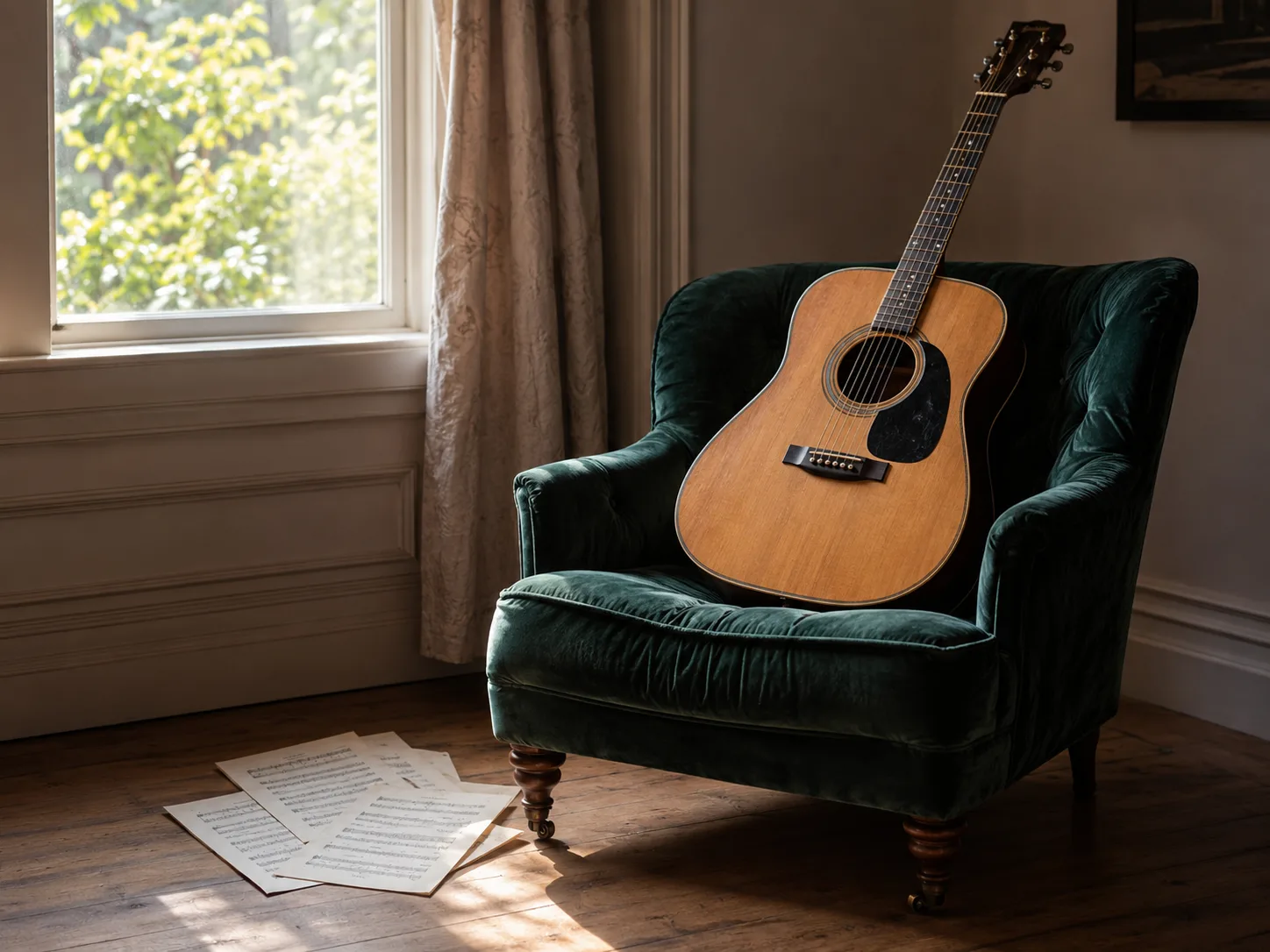Guitarra acústica junto a una ventana al anochecer
