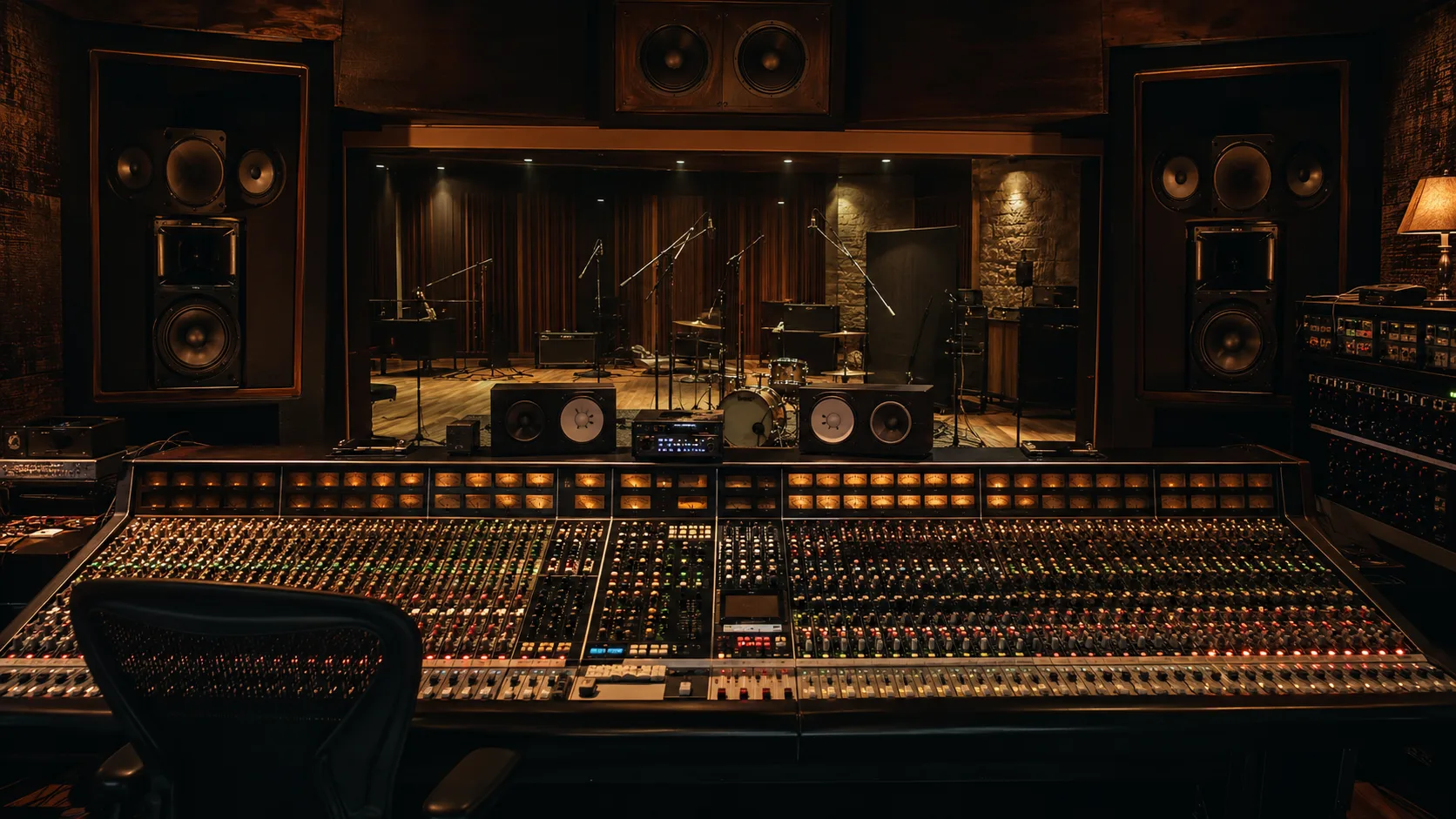 Editorial music photograph from a studio control room — large mixing desk and glass window to a live room with hanging mics under warm amber LEDs