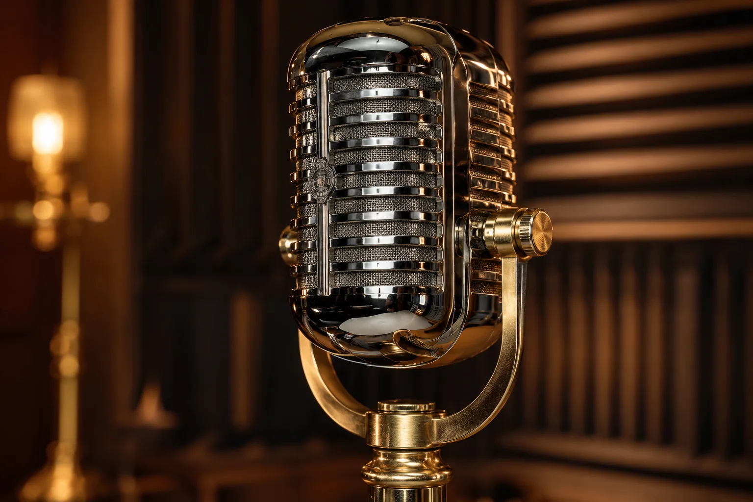 Editorial music close-up of a vintage chrome ribbon microphone on a brass stand in a warm-lit studio with acoustic foam bokeh