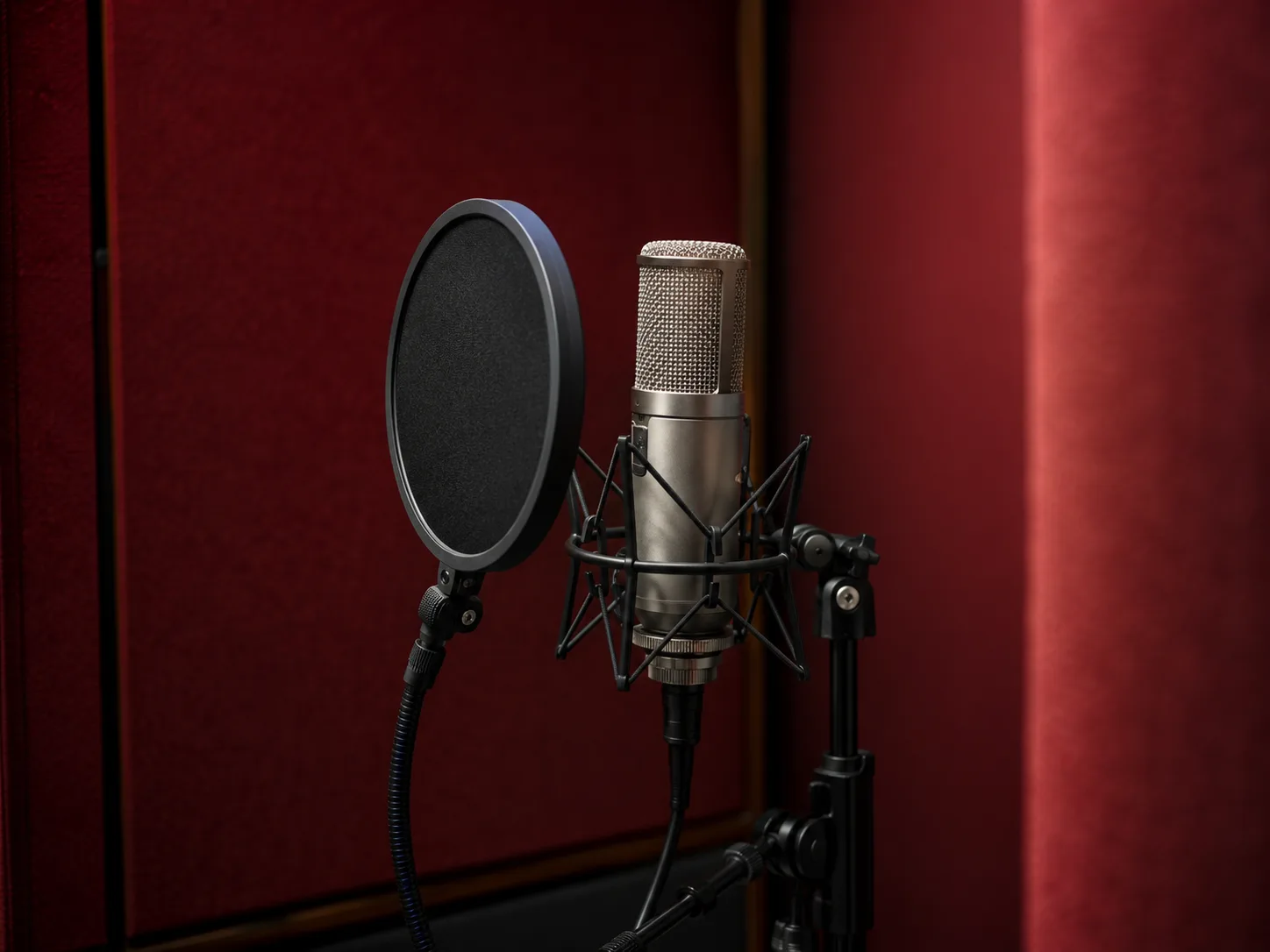 Editorial music photograph of a large-diaphragm condenser microphone with a pop filter inside a vocal booth framed by deep red acoustic panels