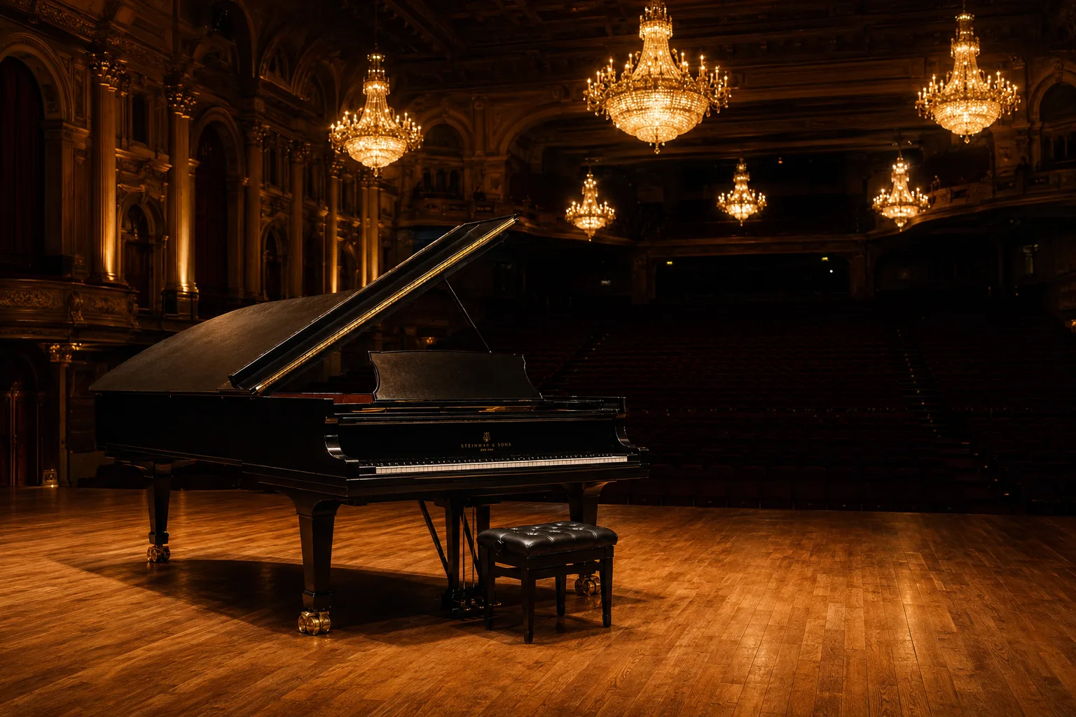 Editorial music wide photograph of a single grand piano with its lid open on the stage of an empty concert hall under golden chandeliers