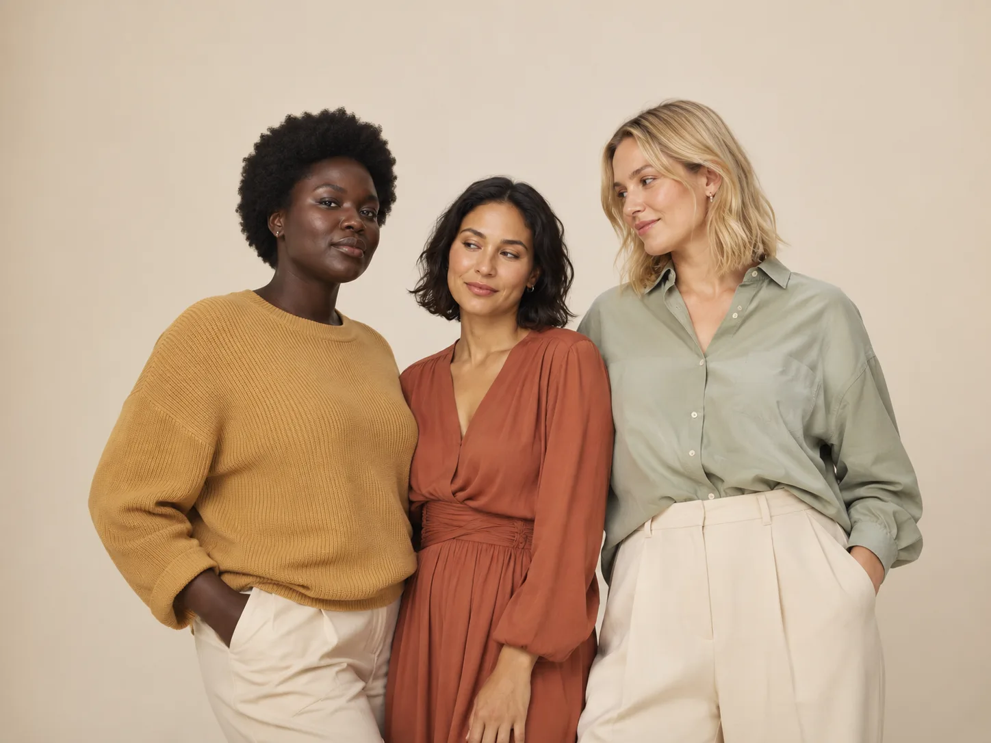 Editorial group of three diverse models in cream, mustard and terracotta outfits