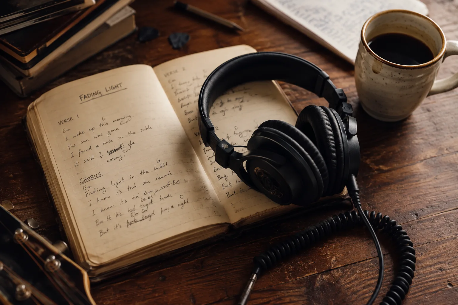 Editorial music still life of studio headphones resting on a vintage notebook with handwritten lyrics on a worn wood desk