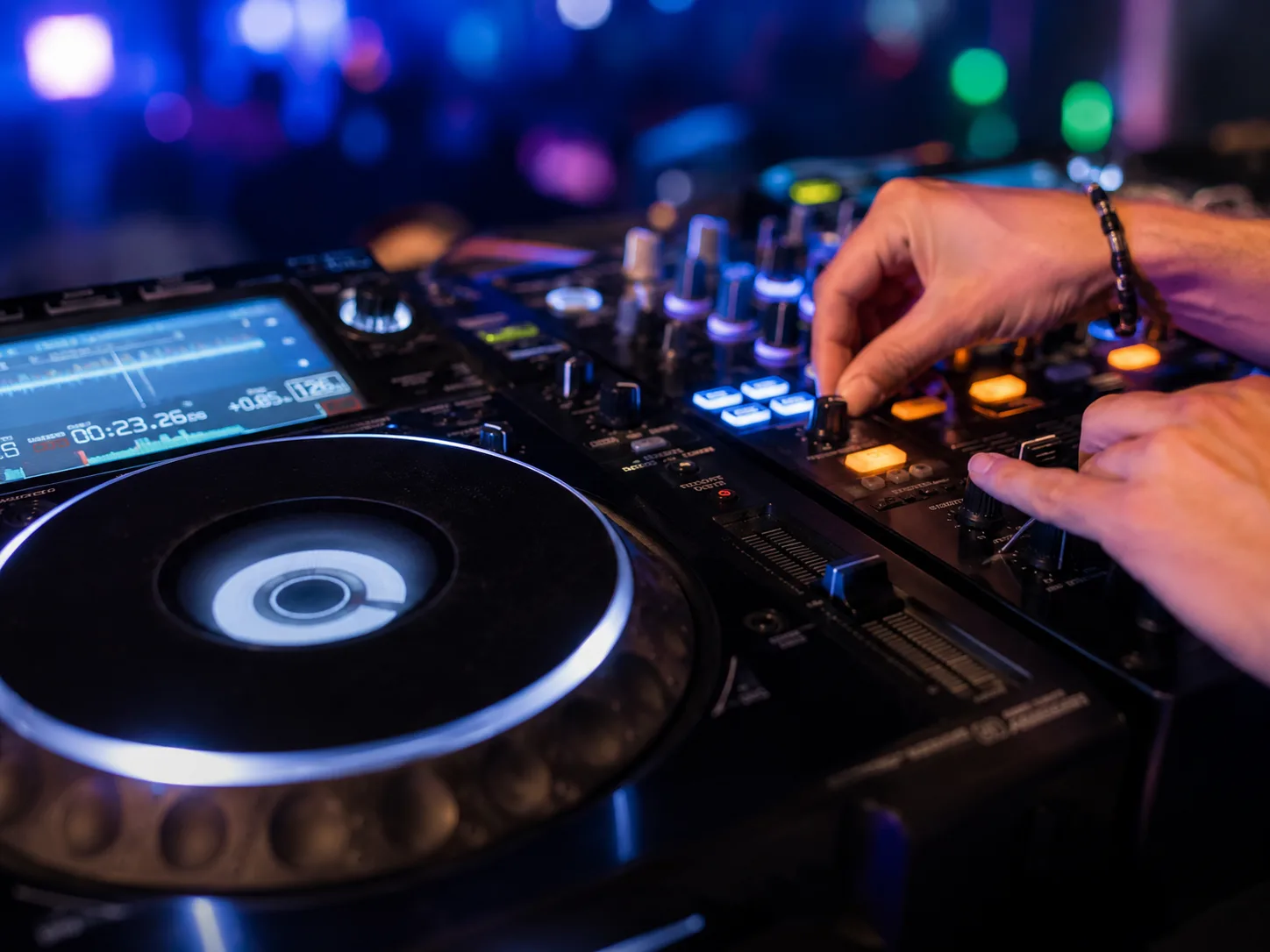 Editorial music close-up of a CDJ deck mid-mix with an illuminated jog wheel and hands on the crossfader with blurred club lights behind