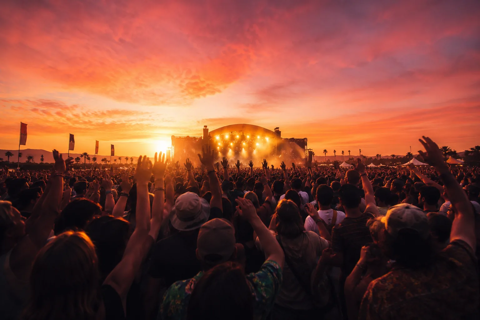 Editorial music wide photograph from behind a crowd at a sunset open-air festival with hands raised and warm stage lights against a pink-orange sky