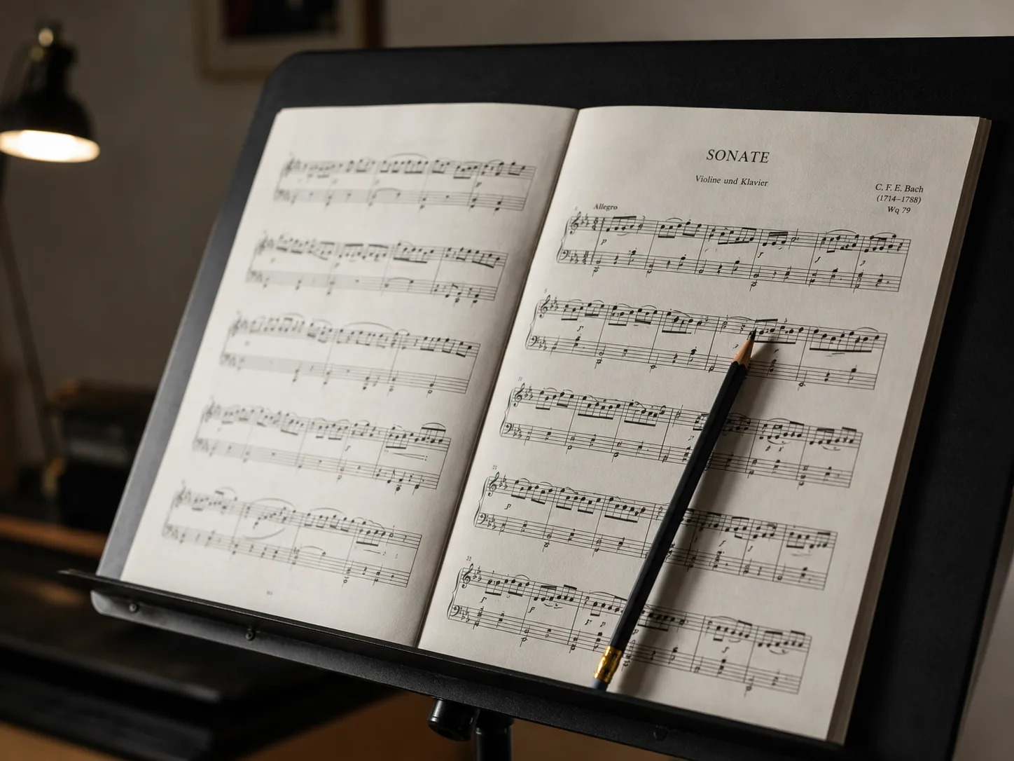 Editorial music close-up of open sheet music on a black music stand under soft practice-room light