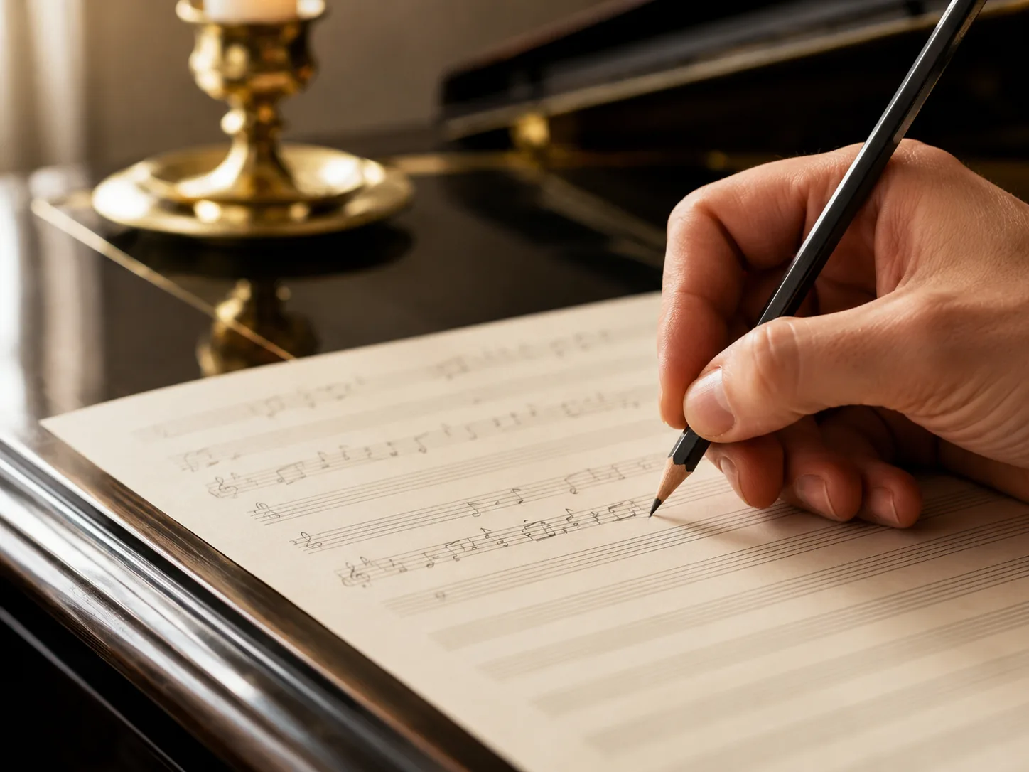 Editorial music close-up of a hand with a pencil writing notes onto staff paper on a piano lid