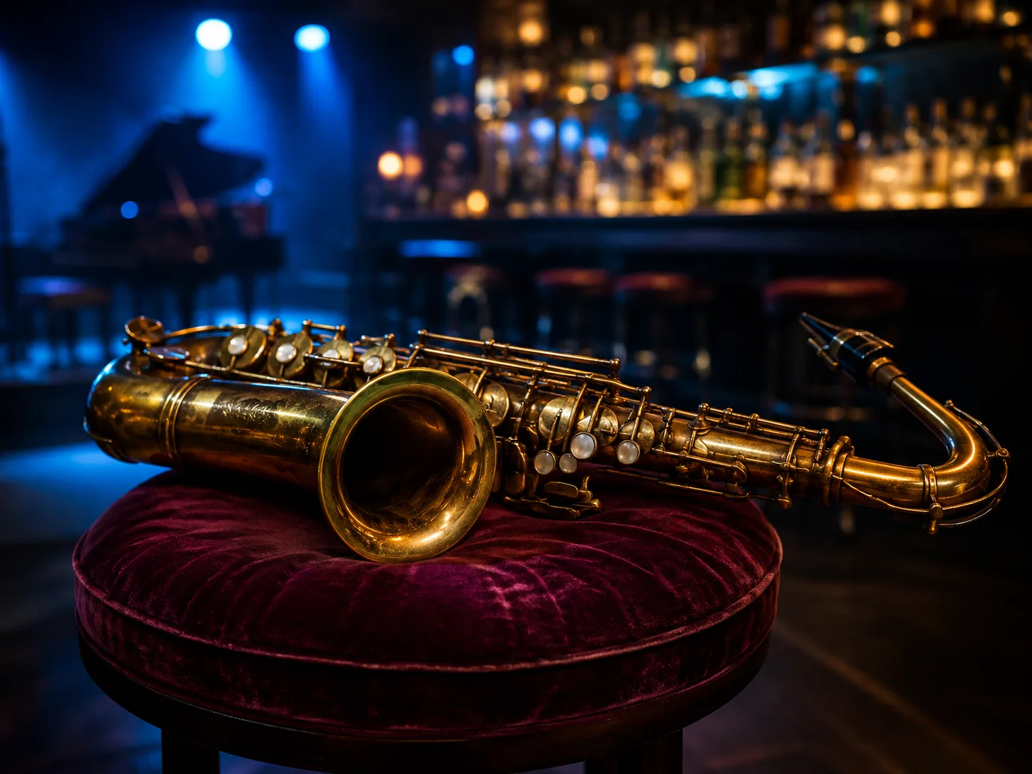 Editorial music photograph of a brass saxophone resting on a velvet stool in a moody jazz bar with blue stage lights and bottle bokeh behind
