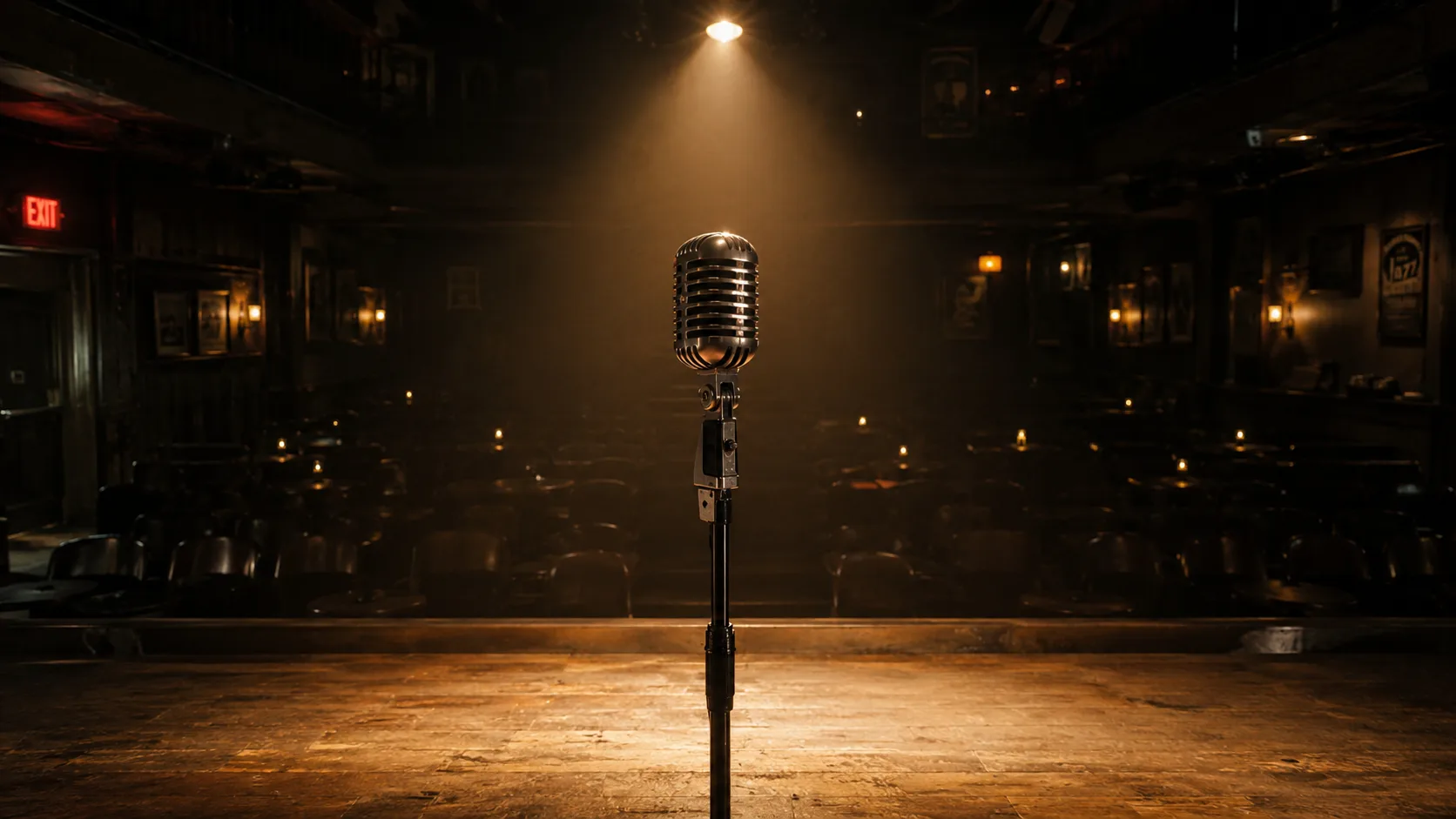 Editorial music wide photograph of a single vintage microphone on a stand at center stage of a small empty venue under a warm spotlight