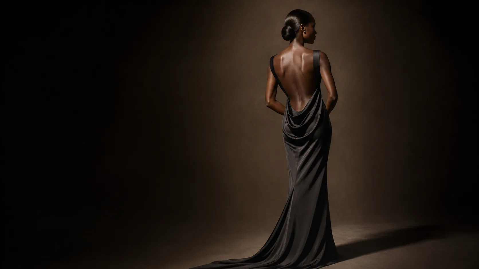 Dramatic back portrait of model in charcoal silk gown with sleek low chignon
