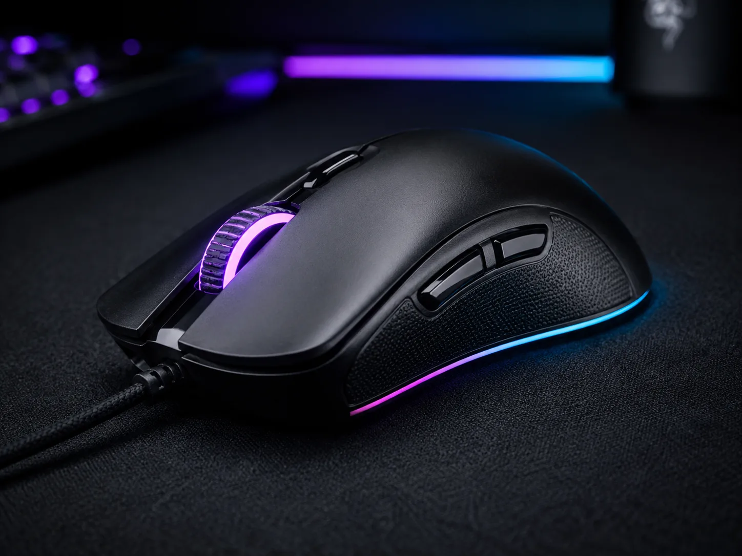 Ratón gaming RGB en detalle sobre la mesa de juego