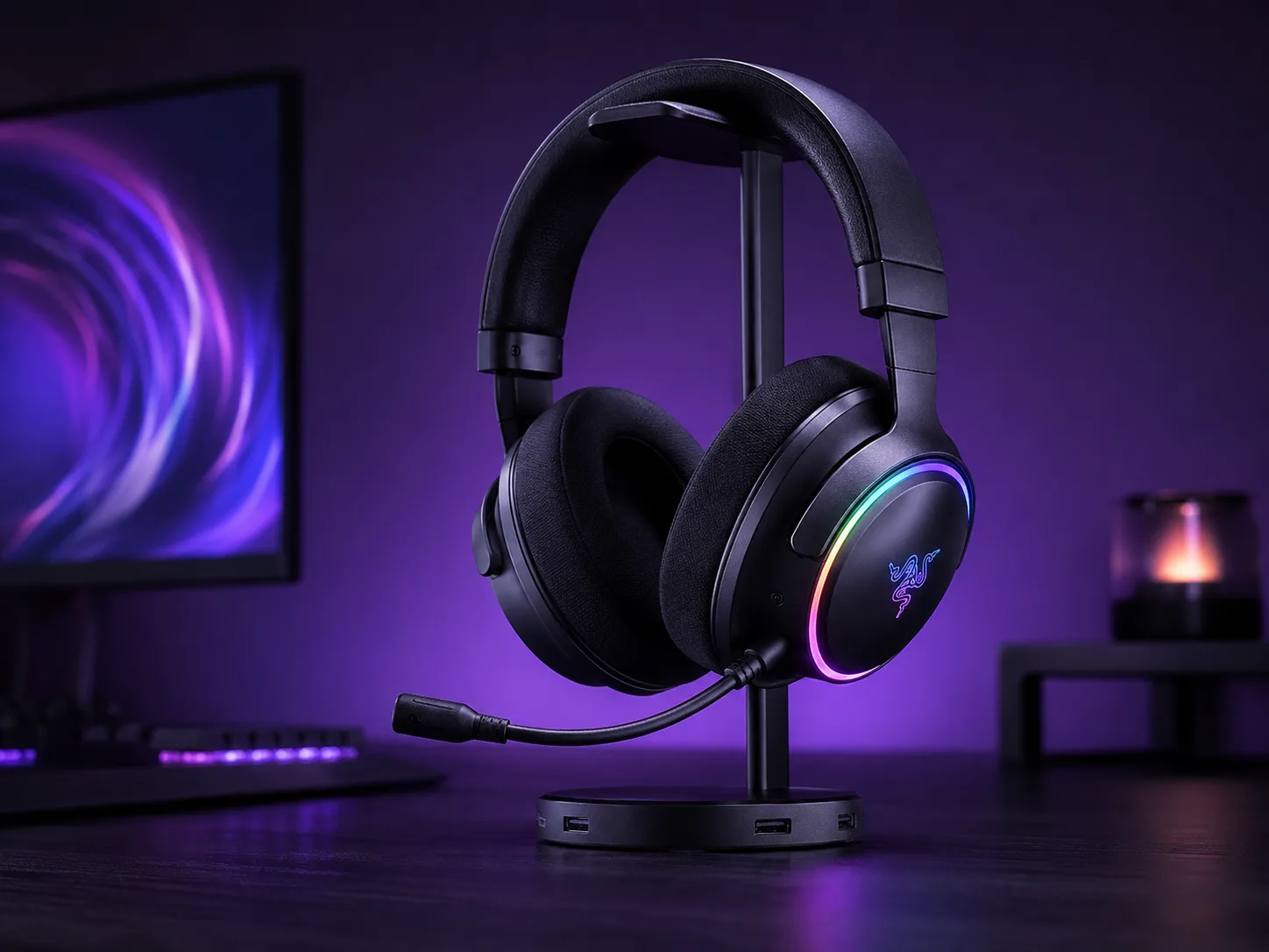 Auriculares gaming sobre su soporte iluminado