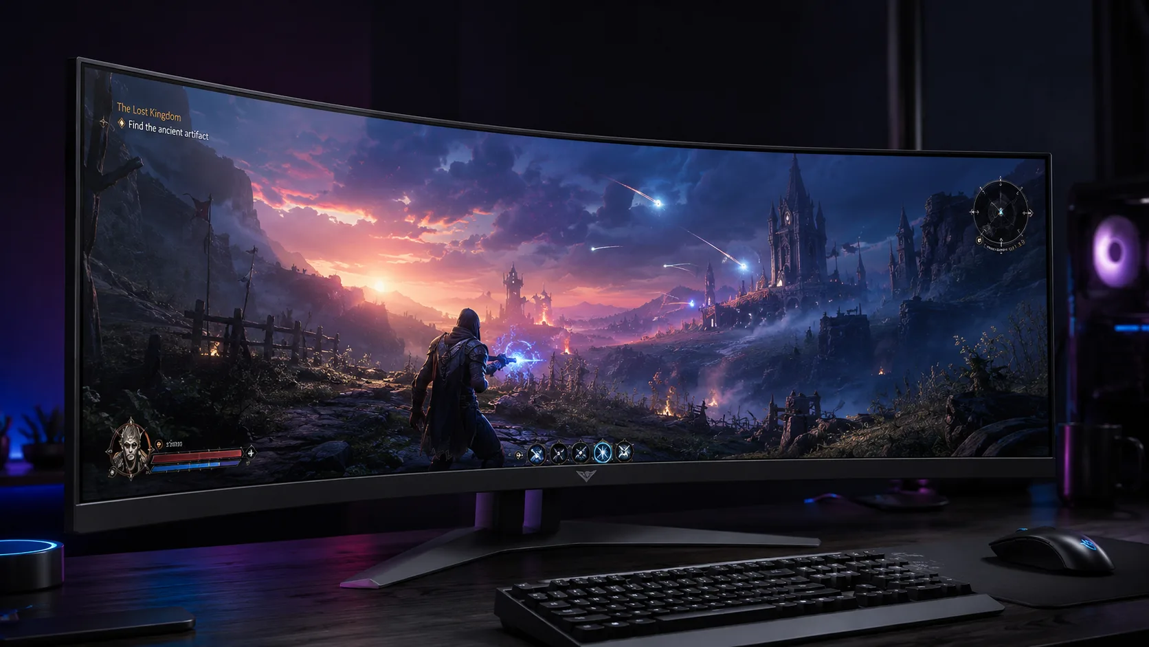 Editorial gaming close-up of an ultrawide curved monitor displaying a fantasy-shooter game scene at dusk with screen reflection in a dark room
