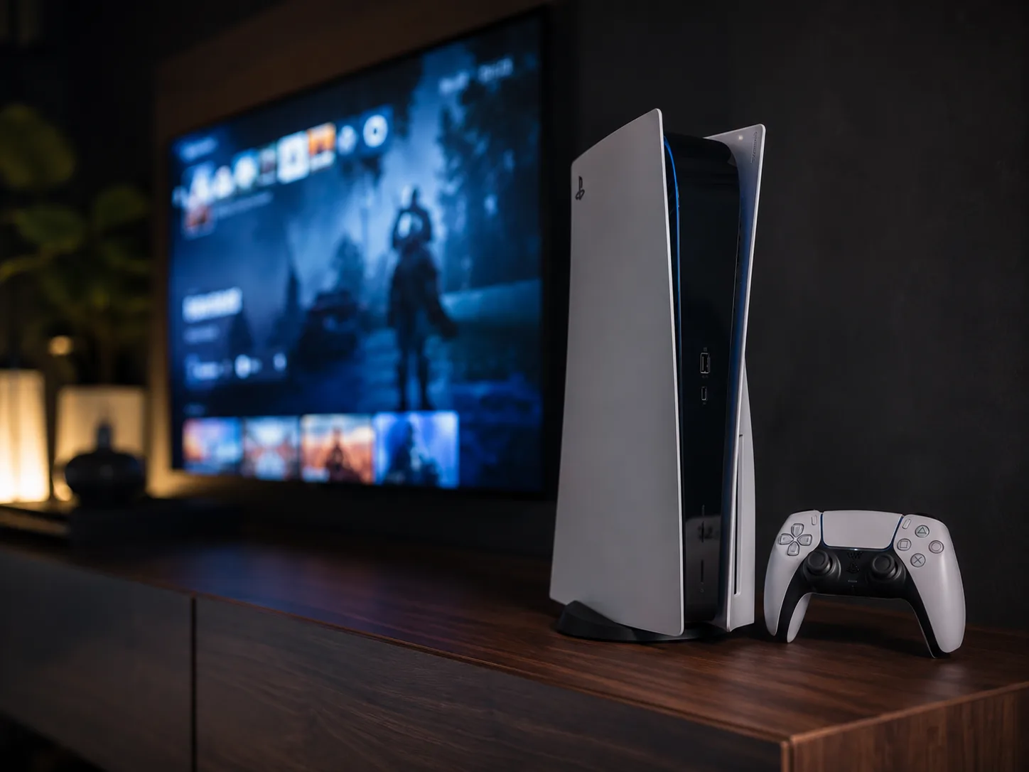 Fotografía de gaming de una consola moderna y elegante sobre un mueble de madera con un mando al lado y el suave resplandor de una tele detrás