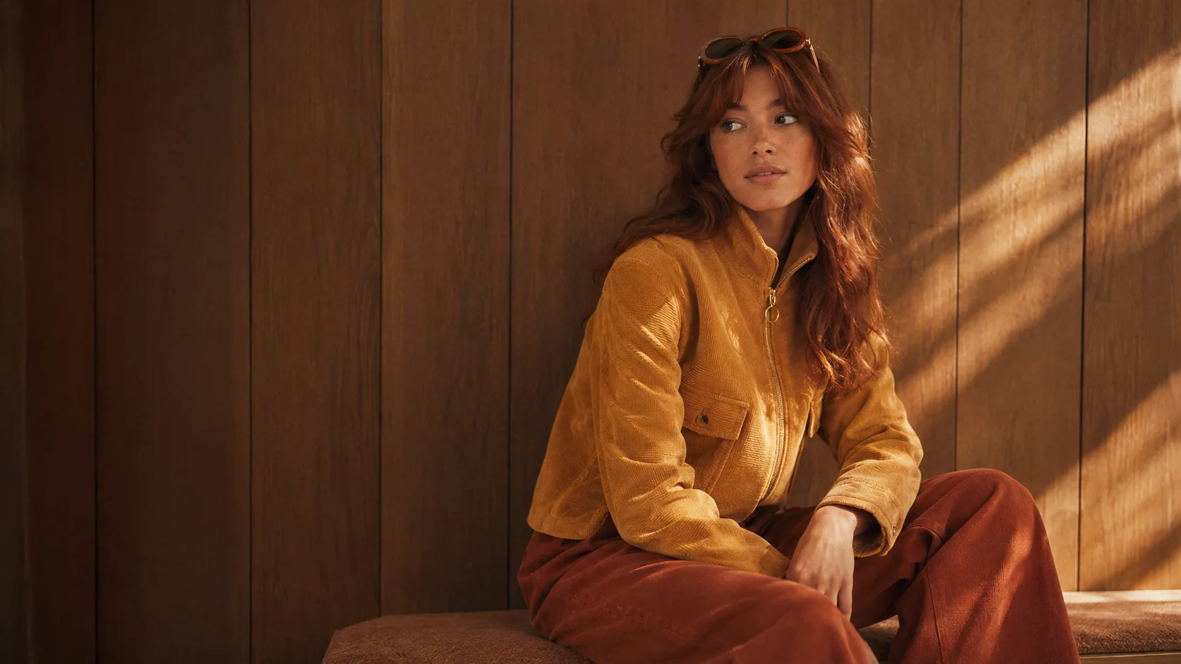 Vintage 70s portrait of model seated in mustard corduroy jacket and rust trousers