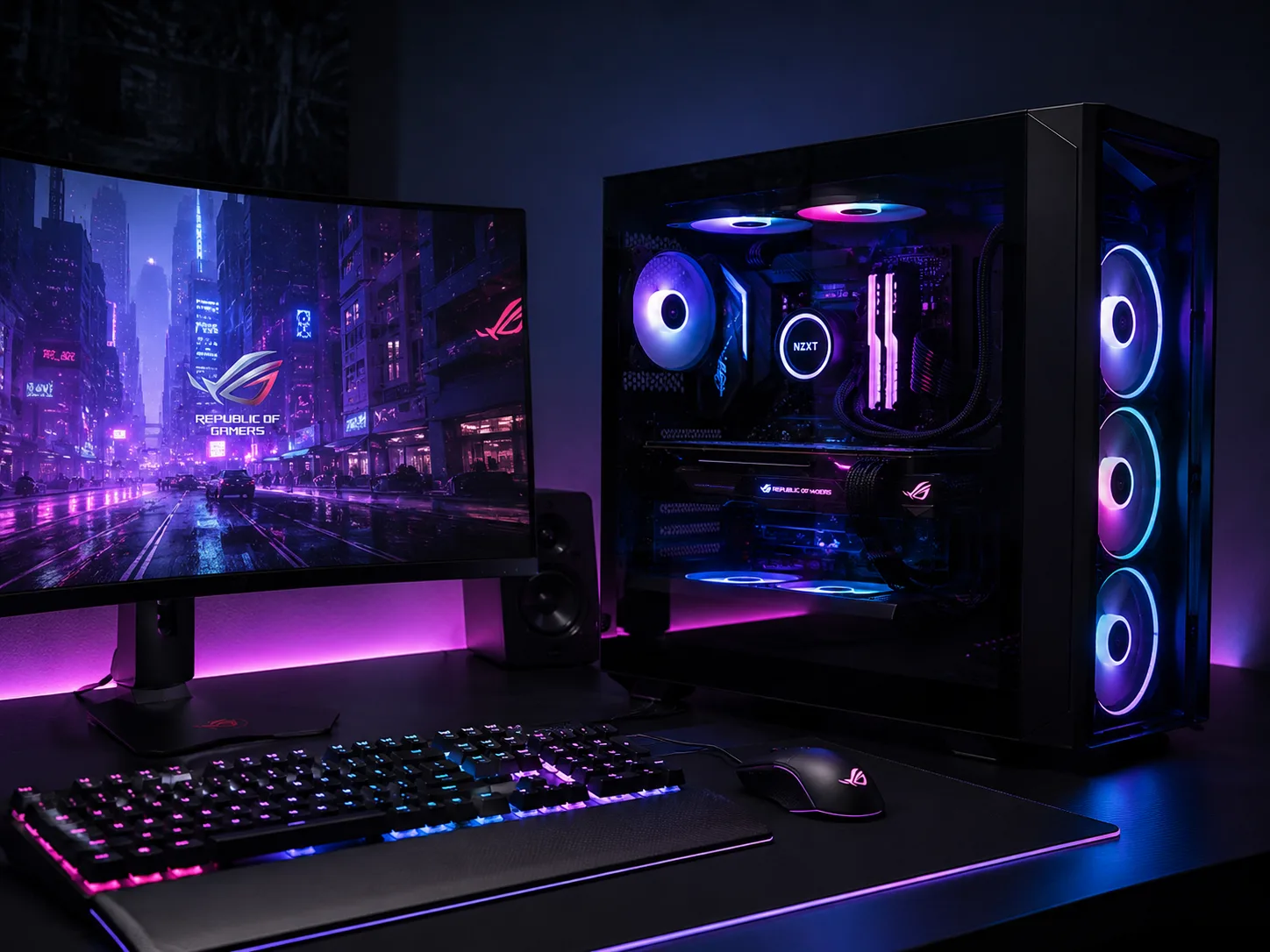 Fotografía de gaming de una torre de PC con panel lateral de vidrio e iluminación RGB junto a un monitor curvo y teclado en una habitación oscura con luz neón inferior