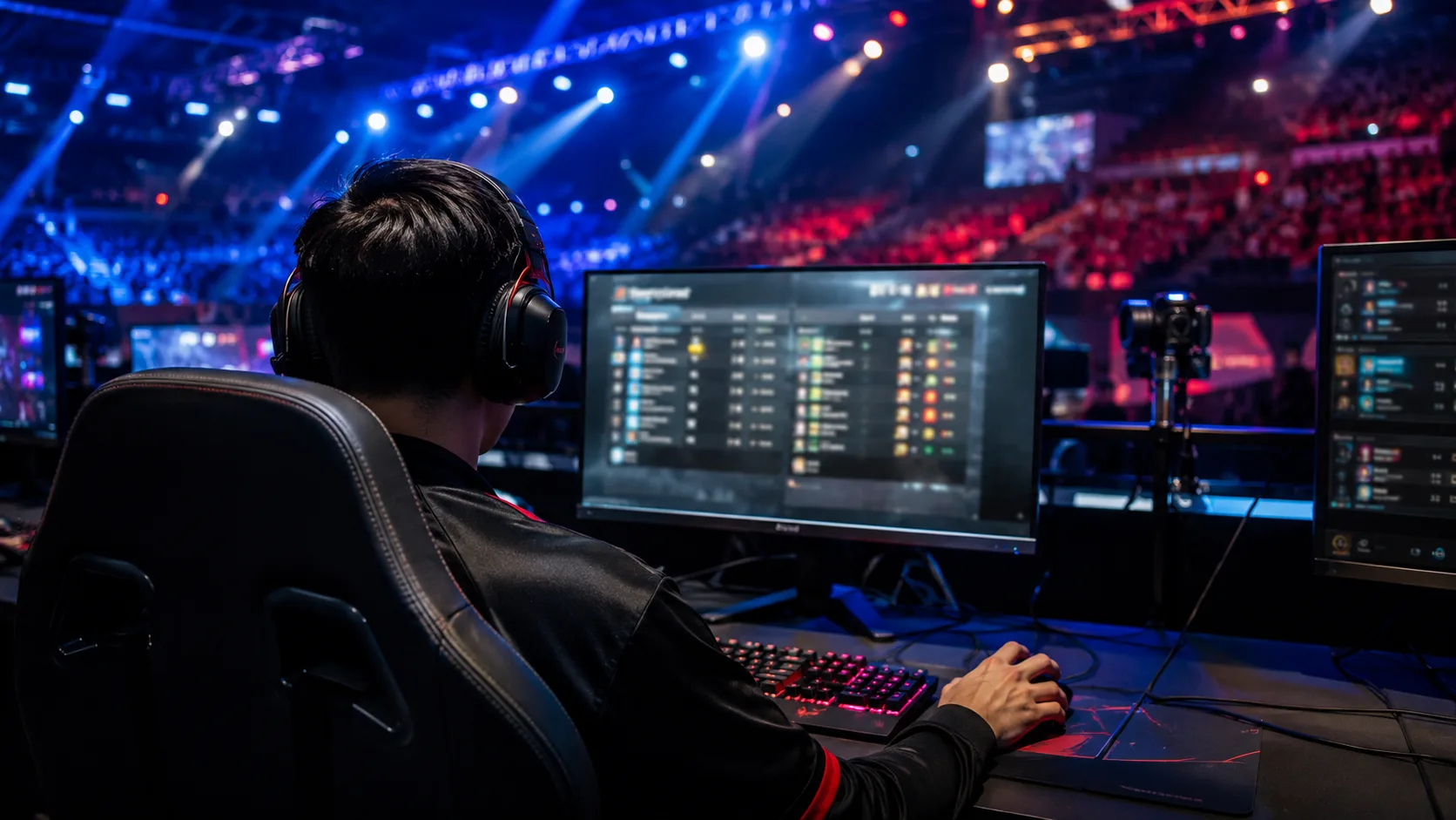 Editorial gaming wide photograph from behind an esports player at their station with RGB peripherals, a tournament scoreboard blurred on the main screen and stage lights overhead