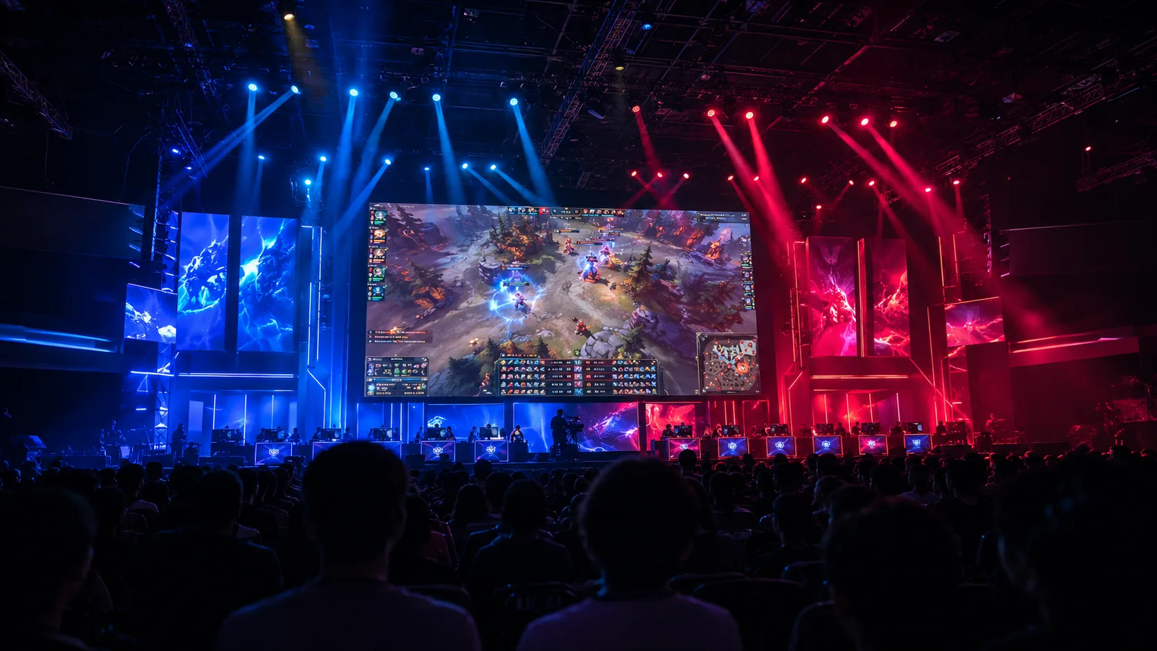 Editorial gaming wide photograph of an esports arena stage from the back of a darkened crowd with a giant LED screen and blue and magenta stage wash