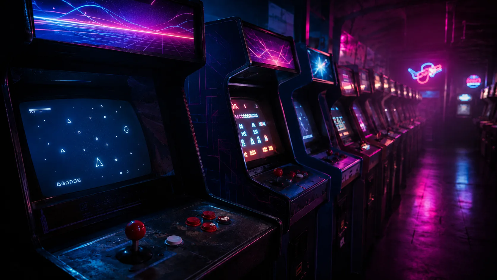 Editorial gaming photograph of a row of vintage arcade cabinets in a dim arcade with magenta and cyan neon glow and joysticks in soft focus