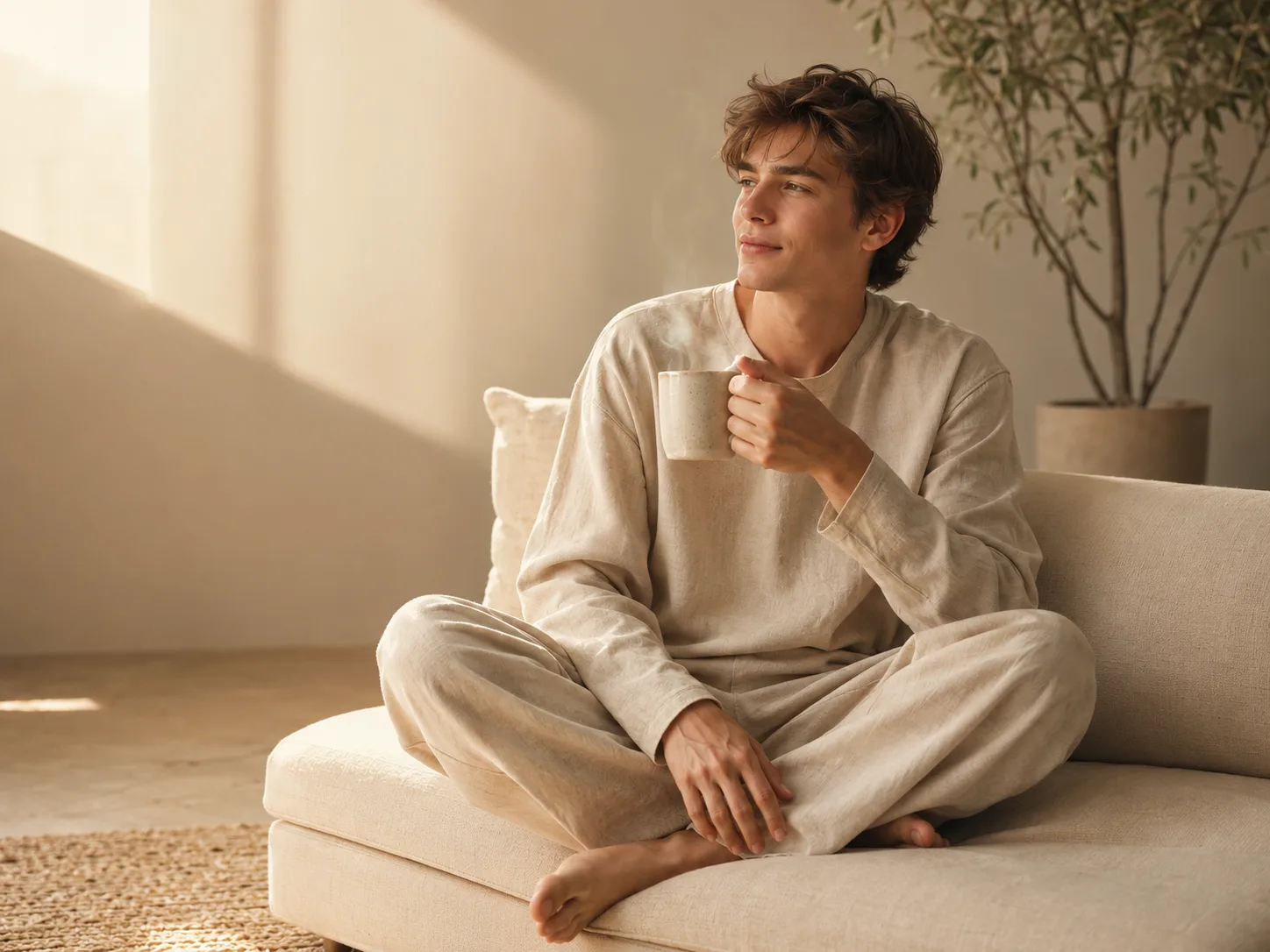 Cozy lifestyle portrait of model on cream linen sofa with morning window light