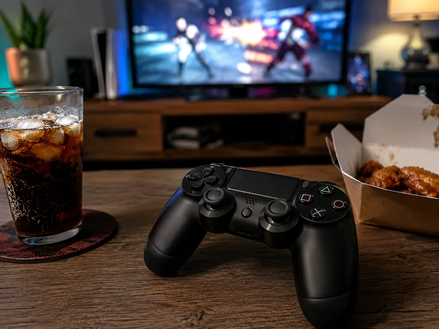 Plano cenital de un mando negro sobre una mesa de centro junto a una bebida fría y una caja de comida para llevar, con una escena de videojuego difuminada en la tele del fondo
