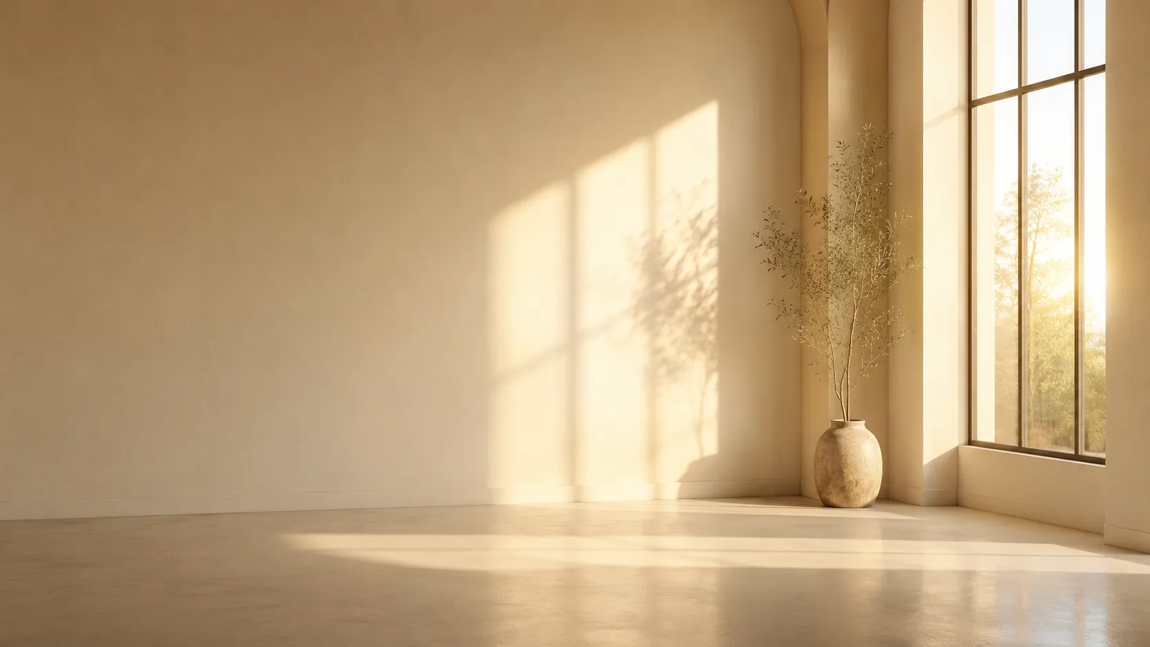 Serene sunlit minimalist architectural interior with long soft light shapes