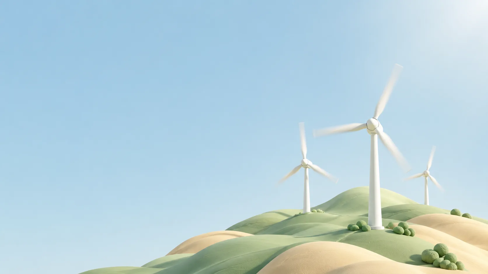 Stylized 3D wind turbines on rolling terrain under clean daylight