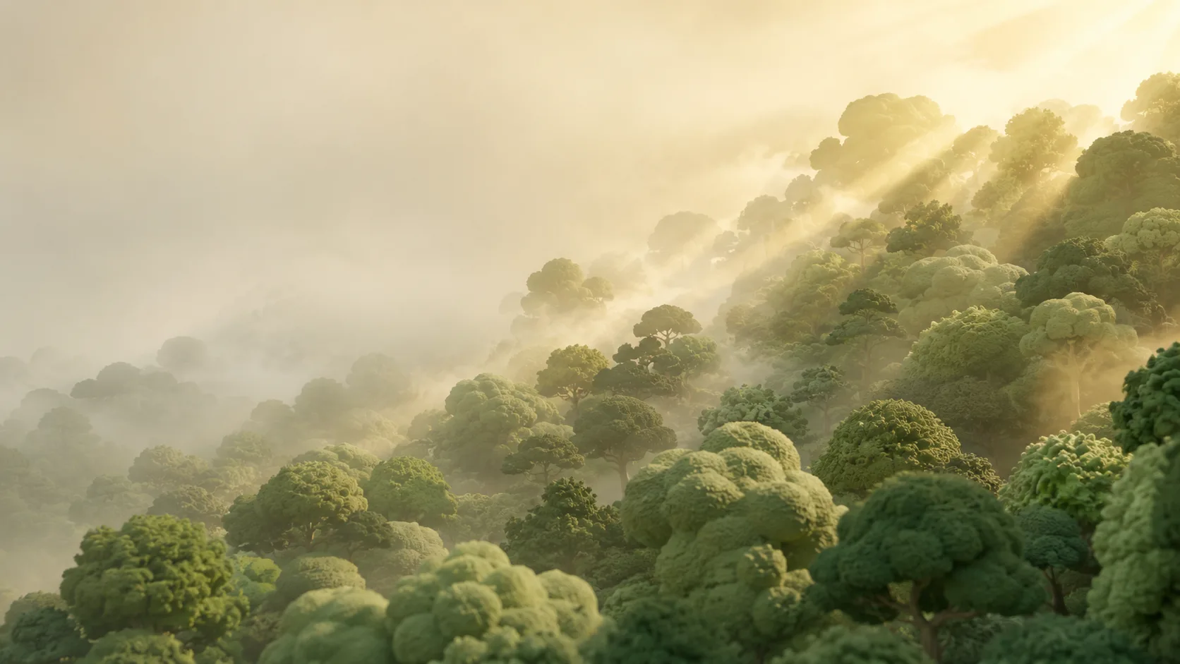 Layered atmospheric forest canopy with golden god-rays through mist
