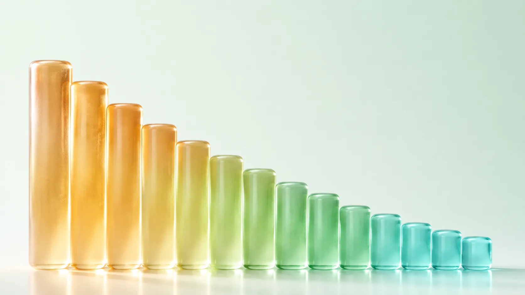 Descending frosted-glass data columns shifting from amber to teal