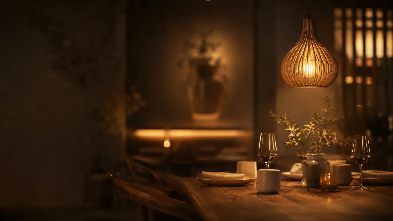Intimate restaurant interior glowing at golden hour with pendant light