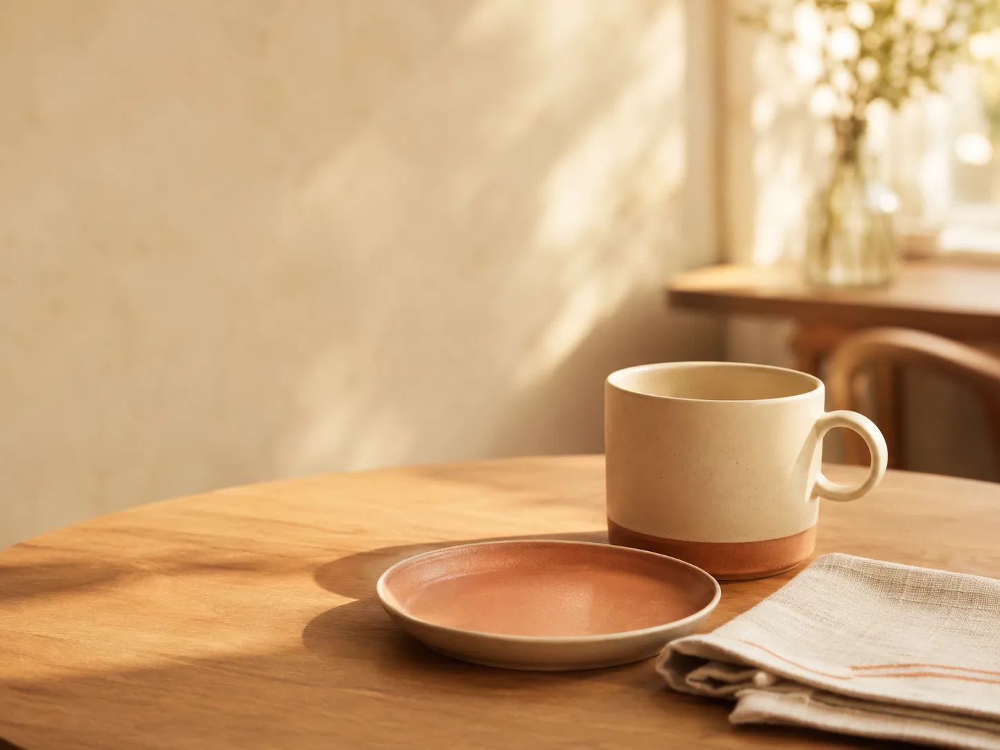 Soft still-life of a cafe table with ceramic cup in warm morning light